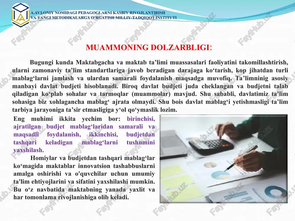 oqlarni o‘chiring”, “isitish tizimi samarali ishlashini ta’min- lang”. (20.000 dollar tejal- gan). davlat budjetdan berilayotgan mablag‘larni behuda sarflanishiga yo‘l qo‘ymasdan, tejamkorlik bilan foydalalanish. tejal- gan mablag‘larga zarur jihozlarni xarid qilish va ularni budjetdan tashqari mablag‘ topishga yo‘nal- tirish lozim. amaldagi holat (o‘zbekistonda) amaldagi holat (aqshda) taklif a.avloniy nomidagi pedagoglarni kasbiy rivojlantirish va yangi metodikalarga o‘rgatish milliy-tadqiqot instituti chora -tadbir ‘ t/r muammo amalga oshirish mexanizmi ma’sullar muddati natija 1 maktabda budjetdan tashqari mablag‘ topish bir tomonlama yo‘lga qo‘yilyabdi o‘quvchini kasbga yo‘naltirish orqali ham mablag‘ topish tuman mmtb, texnologiya fani o‘qituvchi lari yil davomida maktabda o‘quvchi bir kasb egasi bo‘ladi. o‘zining mehnatidan maktab va oilasi manfaatdor ekanligini his qiladi. manfaatdorlik hissi uyg‘onadi 2 maktabga davlat budjeti tomonidan berilgan mablag‘larni tejash yigi‘lish va trenglar o‘tkazish. ijtimoyi tarmoqlardan foydalangan holda boshqa davlatlarni misol tariqasida ko‘satish mmibdo‘ va sinf rahbarlar har chorakda maktab budjetidagi mablag‘larni tejash orqali,maktabdan tashqari budjetdan mablag‘ topishga yo‘naltirish 3 davlat …