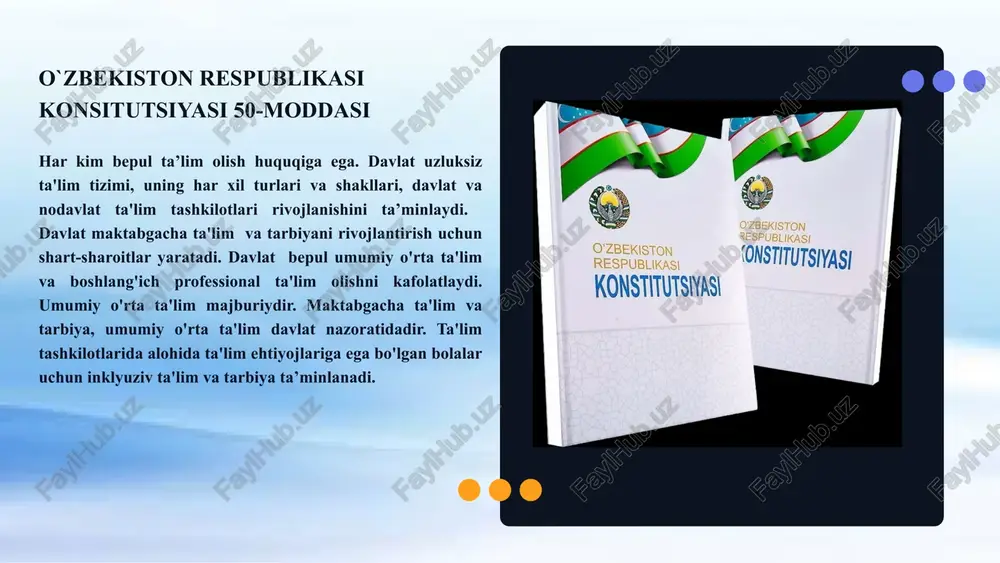 a va 30000 yevrogacha jarimaga tortilishi mumkin. 6.muammo yuzasidan xorijiy tajribalarni o`rganilganligi va qiyosiy tahlil etilganligi xorijiy davlatlarda farzandlarining dars qoldirayotgani uchun ota-onalarga bo`lgan talab yanada qattiqroq. bunga farzandlarining sababsiz dars qoldirgani uchun ular to`laydigan jarima miqori yaqqol misol bo’la oladi. “kelajagimdan bir kun” aynan shunday loyiha bo’lib, bunda har bir muntazam dars qoldiruvchi o`quvchi bilan uning qiziqishi va istagidan kelib chiqgan individual ishlanadi. uning oilaviy ahvoli maktab-mahalla, sektor-tuman darajasida o`rganilib, o`quvchi tumanda (shaharda) na’munali faoliyat yuritayotgan 35 yoshgacha bo`lgan yoshlarga biriktiriladi. amaldagi holat (o`zbekistonda) amaldagi holat (xorijda) taklif `ozbekistonda sababsiz dars qoldiruvchi o`quvchilarning ota-onalariga nisbatan qonunchilikda belgilangan jarima va ma’muriy javobgarlik to`g`risidagi 47-modda asosida jarimalar belgilangan. loyihani amalga oshirish jamoasi ota-onalar ta’lim muassasasi (direktor, mmibdo`, psixolog, sinf rahbar) tuman (shahar) vasiylik va homiylik kengashi milliy gvardiya mahalla (mahalla yettiligi va mfy kengashi a’zolari) m.haqqiyeva 7.xulosa: xulosa o`rnida shuni ayta olamanki, har qanday muammoli vaziyatning ham, albatta, o`z yechimi bo`ladi. …