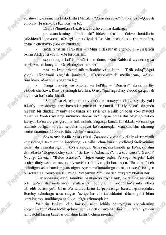 ‘liq ekanini ham alohida qayd etish lozim. mutaxassislar ma'lumotlariga ko‘ra, xx asrning ikkinchi yarmida xristianlik, buddaviylik, islom va boshqa dinlar doirasida yuzlab sektalar paydo bo‘lgan. bu shunday jarayonlar kelajakda davom etishi mumkinligini taxmin qilish imkonini beradi. yangi diniy harakatlar deganda odatda xx asrning 70-yillarida yevropa va aqshda tarqalgan noan'anaviy diniy guruhlar va oqimlar nazarda tutiladi. tadqiqotchilar bunga an'anaviy dinlardagi inqiroz davri sabab bo‘lganligini ta'kidlaydilar. yangi diniy harakatlar liderlari jamiyat kayfiyatidagi o‘zgarishlarni, bu “o‘tkinchi dunyo”ning nuqsonlarini fosh qilib, o‘zlarini “xaloskor”, yuksak axloqli “haqiqatgo‘y” sifatida ko‘rsatdilar. yangi diniy harakatlar to‘riga ko‘proq yoshlar ilinadilar. odatda yangi diniy harakatlar qat'iy ta'limotga ega bo‘lmagan tashkilot bo‘lib, uning faoliyati lider roli bilan belgilanadi. liderlar an'anaviy diniy qadriyatlarga qarshi tashviqot ishlarini olib boradilar. diniy hayot maxsus ishlab chiqilgan tartib qoida va nizomlar orqali amalga oshiriladi. yangi diniy harakatlarning ba'zilari dunyoning turli burchaklarida o‘z bo‘linmalariga ega bo‘lgan, biznes bilan shug‘ullanuvchi yirik xalqaro korporatsiyalarga aylangan. yangi diniy harakatlar meditatsiya …