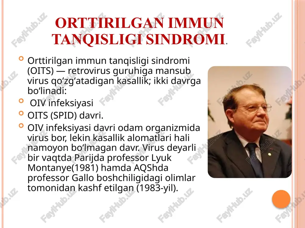 o’plab noto’g’ri tushunchalar mavjud. virus quyidagi hollarda yuqmaydi: qo’l berib ko’rishish; quchoqlashish; kundalik o’pishlar (agar og’izda yaralar bo’lmasa); aksa urish; teri bilan aloqa; sochiqlarni birga ishlatish; ro’zg’or buyumlari (qoshiq, piyola, kosa va hokazo). tashxislash. tashxis virus mavjudligini aniq ko’rsatadigan qon tahlili yordamida amalga oshiriladi. agar virus aniqlangan bo’lsa, test natijasi «ijobiy» bo’ladi. qon bemorga kasallik mavjud deya xabar berilgunga qadar bir necha marta qayta tekshiriladi. agar bemor virusga duchor bo’lsa, u imkon qadar tezroq sinovdan o’tishi juda muhimdir. oiv erta aniqlanganda davolanishning muvaffaqiyatli bo’lishi ehtimoli ko’proq. bundan tashqari, uyda o’tkazsa bo’ladigan test vositasidan foydalanish mumkin. virus yuqganidan so’ng, test natijasida ijobiy natija berishi uchun 3 haftadan 6 oygacha vaqt ketishi mumkin. ba’zan qayta sinov qilinishi talab etiladi. oits davolash hozirgi kunda oiv yoki oitsga davo yo’q. mavjud davolash usullari kasallikning rivojlanishini sekinlashtirishi mumkin va ko’pchilik odamlarga uzoq va nisbatan sog’lom hayot kechirishga imkon beradi. infeksiyalanish erta muddatlarda aniqlanganda antiretrovirusli davolanish …
