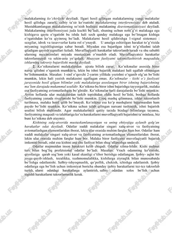 hislatlari namoyon bo’ladi. mehnat faoliyati tufayli kishida tafakkur, qobiliyatlar, qiziqishlar rivojlanadi, iroda mustaxkamlanadi, harakter tarkib topadi. mehnat kishida turli his-tuyg’ular uyg’otadi, kishilarning sog’ligl va psixik holatiga ta’sir ko’rsatadi. mehnatning jismoniy va aqliy turlari mavjud bo’lib, har ikkisi ham o’ziga hos kechadi. i.p.pavlov shunday yozgan edi:"men butun umrim davomida aqliy mehnat bilan jismoniy mehnatni yaxshi ko’rib keldim...jismoniy mehnatni xatto ko’priq qadrlayman..." tashabbus namoyon bo’ladigan, qandaydir bir yangilik yaratiladigan, ish jarayoniga o’zgarish kiritiladigan har qanday mehnat turi ijodiy harakterga ega bo’ladi. biror mehnat vazifasini orginal ravishda hal q’dishga yoki faoliyatning ijtimoiy qiymatga ega yangi moddiy yoki ma’naviy mahsulotim yaratishga ijod deyiladi. mehnat ijodiy harakterga ega bo’lishi uchun, avvalo kishi amal qiladigan g’oya bo’lishi kerak. ijod ishga katta qiziqishbo’lishini va iloji boricha uni yaxshiroq bajarishini talab qiladi. ijod zamirida tasavvur yotadi. tasavvur bo’lmasa ijod ham bo’lmaydi. yangi narsani ijod qilishdan oldin uni fikran tasavvur qilmoq kerak. ilhomlanish kishining ma’naviy kuchlari va qobiliyatlarining nihoyatda …