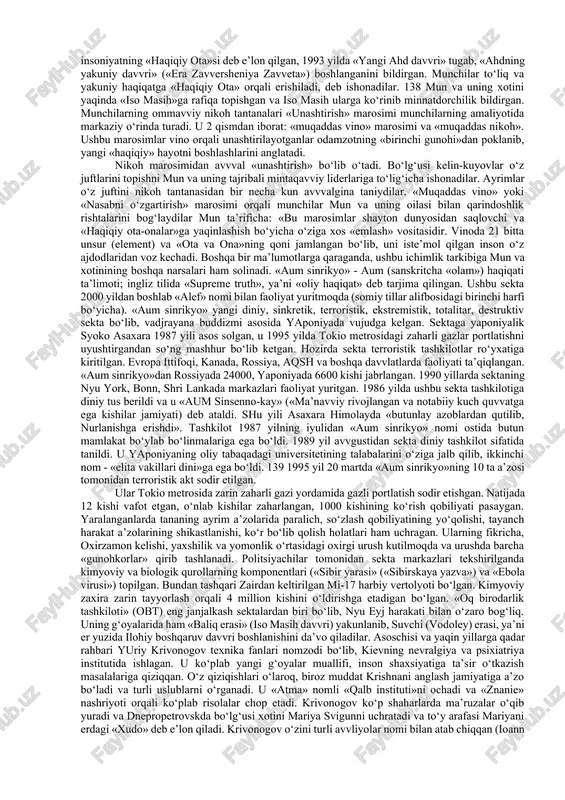 ali amalga oshiriladi. yadhning ba’zilari dunyoning turli burchaklarida o‘z bo‘linmalariga ega bo‘lgan, biznes bilan shug‘ullanuvchi yirik xalqaro korporatsiyalarga aylangan. 136 yadh meditatsiya amaliyotini keng qo‘llaydilar, tashkiliy jihatdan piramida shaklida boshqariladi. ularning aksariyati noqonuniy faoliyat yurituvchi, kriminal tashkilotlardir (masalan, «aum sinrikyo» (yaponiya), «quyosh ehromi» (fransiya va kanada) va b.). diniy ta’limotlarni buzib talqin qiluvchi harakatlarga: - protestantlarning «ikkilamchi» birlashmalari – «yahve shohidlari» («svideteli iegovo»), «oxirgi kun avvliyolari iso masih cherkovi» (mormonlar), «masih cherkovi» (boston harakati); - soxta xristian harakatlar – «mun birlashtirish cherkovi», «vissarion oxirgi ahdi cherkovi», «oq birodarlar»; - saentologik kultlar – «xristian ilmi», «ron xabbard saentologiya markazi», «kloneyd», «oq ekologlar» harakati; - neo- va kvaziorientalistik maktablar va kultlar – «tirik axloq»(agni yoga), «krishnani anglash jamiyati», «transsendental meditatsiya», «aumsinrikyo», «saxadja-yoga» va b.); - yangi majusiy tashkilotlar va kultlar – «runvira» ukrain milliy e’tiqodi cherkovi, rossiya jarangli kedrlari, omsk «qadimgi diniy e’tiqodiga qaytish kulti» va boshqalar kiradi. «sekta»so‘zi, eng umumiy ma’noda, …