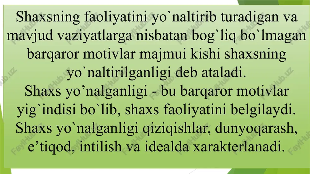 fikrini to`g`riligidan qaytmaslikdir. 11 o`z-o`ziga baho berish - psixologiyada o`z shaxsiy psixologik xususiyatlari va fazilatlar, yutuq va kamchiliklari, shuningdek muvaffaqiyat va muvaffaqiyatsizliklarini baholash tushuniladi. o`z-o`ziga baho berish adekvat, yuqori va past bo`lishi mumkin. shaxsda alohida e’tiborga frustratsiya xususiyati ham loyiq. 12 frustratsiya – shaxsni o`z muvaffaqiyatligini chuqur emotsional his qilishi bo`lib, u ilojsizlik, umidsizlik bilan namoyon bo`ladi. frustratsiya – shaxsni agressiv yoki anatik xulq - atvori sifatida kechadi. shu bilan birga shaxsda tolerantlik kabi xususiyat ham uchraydi. bu shaxsni u yoki bu faktorga befarqligi yoki munosabatning mavjud emasligidir. u uch turdi namoyon bo`ladi – muvaffaqiyatsizlik, fikrlovchi munosabat, ichki bexalovatlilik va osoyishtalik. 13 shaxsni shakllantiruvchi omillar: a) hayotning shart-sharoiti bilan o`zaro munosabat (madaniy, moddiy va ijtimoiy); b) yosh avlodga ijtimoiy tarixiy tarbiyaviy tajribalarni o`tkazish, inson ongi va xulq - atvoriga uni hayot va mehnatga tayyorgarligini rivojlantirish uchun kerakli shart-sharoitlarni ta’minlovchi tushuncha, printsip va qadriyatlarni singdirishdan iborat bo`lgan tarbiya; v) shart-sharoitni o`zgarishi …