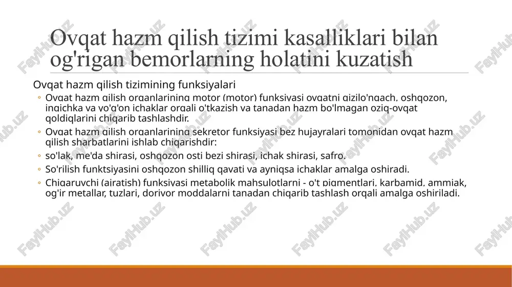 ikalar (ezofagit, gastrit, oshqozon yarasi, xolesistit, pankreatit, gepatit, enterit va kolit). ezofagit (lat. ezofagit qadimiy yunoncha oἰsóphgos — qiziloʻngach + -itis) — qiziloʻngach kasalligi boʻlib, uning shilliq qavatining yalligʻlanishi bilan kechadi. eng ko'p uchraydigan sabab gastroezofagial reflyuks bo'lib, kislota-peptik omil qizilo'ngach shilliq qavatining shikastlanishiga olib keladi. ezofagitning boshqa sabablari orasida infeksiyalar (ko'pincha kandida, herpes simplex virusi va sitomegalovirus) mavjud. ushbu infeksiyalar immuniteti pasaygan bemorlarda, xususan, oits bilan og'rigan yoki immunosupressiv terapiya, glyukokortikoidlar va kimyoterapiya preparatlarini qabul qiladigan bemorlarda keng tarqalgan. ishqor yoki kislota, erituvchi (masalan, benzin, aseton) yoki kaliy permanganat kabi kuchli oksidlovchi moddalar bilan kimyoviy kuyish ham ezofagitga olib kelishi mumkin. bunday ezofagit odatda tasodifiy holatlardan so'ng bolalarda yoki gidroksidi, kislota, erituvchi yoki oksidlovchi vosita yordamida o'z joniga qasd qilishga urinishdan keyin kattalarda kuzatiladi; fermentlar ta’sirida qusish va yurak urishi ham kuzatilishi mumkin. ko'pincha alkogolizmda kuzatiladigan bu holatda, zarar yetkazuvchi omil etil spirit bo’ladi. radiatsiya terapiyasi, termik kuyish yoki …