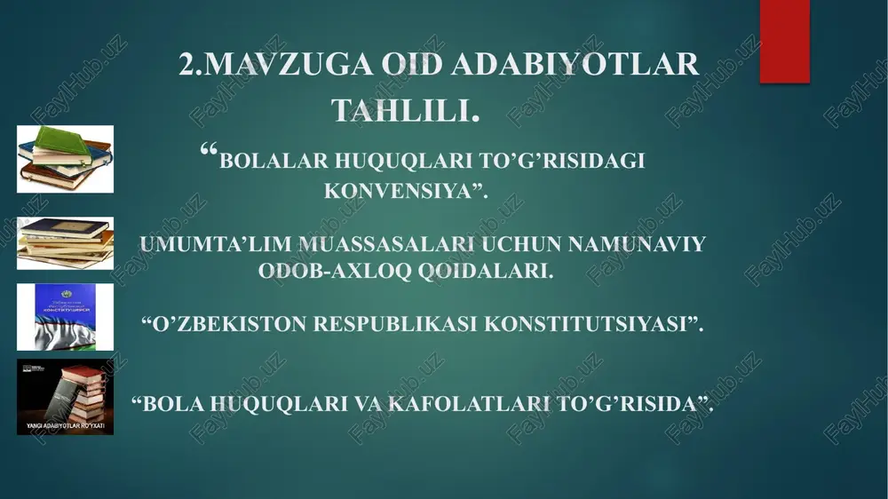xirigacha qisqa dam olish kunlari ham mavjud. oʻquv dasturi qatʼiy tartibga solinmagan va har bir muassasada boshqasiga farq qilishi mumkin. 6.qiyosiy tahlil. t/r amaldagi holat (o’zbekistonda) amaldagi holat (xorijiy davlatlarda) natija 1 bizni ta’lim muassasalarda bola erkinliklarini cheklab qo’yiladi yaponiyada bolalarga hech narsa cheklanmagan,bola nimani xohlasa shuni qilishga ota-onalari tomonidan ruhsat berishadi. darslarda bolalar erkin bo’lsa, darsni yaxshi o’zlashtiradi va fikrini erkin bayon eta oladi. 2 ta’lim muassasasida bola huquqlarini o’quvchilarga o’qituvchilar tomonidan tushuntirilmasligi rossiyada kassalmand bolalarni huquqlarini himoya qilish maqsadida yetimxonalarga joylashtirilgan. vasiylikka berilsa bolalar ota-onasi bilan ko’rishish huquqidan foydalangan . bolalar o’zlarini haq-huquqlarini yaxshi bilib olsalar,hayotda o’z yo’llarini topib ketadilar. 3 ta’lim muassasalarimizda ayrim o’qituvchilarning o’quvchilar oldidagi majburiyatini bajarmasligi janubiy koreada yo’l harakati oqibatida yar yili ko’plab bolalar bevaqt vafot etadi. maktab yoshidan yo’l harati qoidalari o’rgatiladi. o’qituvchilar buni o’zlarini burjlari deb bilishadi. ta’lim muassasalarda o’qituvchilar bolalarga astoidil bilim berishsa har tamonlama komil inson bo’lib yetishadi. 7.xulosa har …