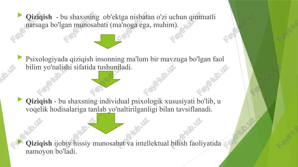iziqishlar (inson cheklanmagan hollarda samarali qiziqish tafakkur, lekin qiziqish ob'ektini egallash maqsadida harakat qiladi). v.g.ivanov. haqiqat ob'ektlari va faoliyat turlarini asos qilib olib, tadqiqotchi quyidagi qiziqish turlarini belgilaydi: professional (shaxsning ma'lum narsaga ijobiy munosabati kasb-hunar, bu uni boshqalar qatoridan ajratish va ko'proq o'rganishga intilishdan iboratu haqida); ijtimoiy-siyosiy (institutsional va. tanlangan muniyosatning ijtimoiy sub'ektlari ijtimoiy-siyosiy jarayonlarga, voqealarga va hodisalar, ularning siyosiy faoliyatining haqiqiy sababi ba'zi bir dunyoqarash tamoyillari, e'tiqodlari va munosabatlari); intellektual (insonning aqliy va ma'naviy rivojlanishiga bo'lgan ehtiyoji, atrofdagi dunyoni bilishda); estetik (shaxsning o'zgarishga bo'lgan ehtiyoji (takomillashtirish) atrofdagi haqiqat); sport (har qanday sport turi va yutuqlari bilan shug'ullanish zaruriyati ba'zi sport natijalari); a.v.mordovskaya xulosaga keladi uchta tarkibiy qismdan iborat bo'lgan professional qiziqishning tuzilishi -kognitiv, hissiy va irodali - samarali pozitsiyani aks ettirmaydi kasbiy faoliyatni o'zlashtirishda talabalar. bilish jarayonlari va qiziqishlarning uzviy bog’likligi qiziqish shaxsning muayyan voqelikdagi, muayyan vaziyatdagi turli narsa va hodisalarga tanlab munosabatda bo’lishida , insonning o‘ziga xos qaror …