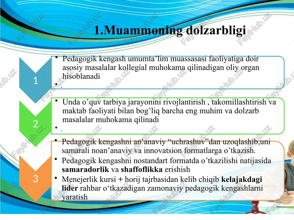 gik kengash faoliyatining samarali bo‘lishi uning puxta tayyorlanganligi va samarali tashkil etilganiga bog’liq. muammoga yechim topishda lider menejer sifatida boshqarishning asosiy funksiyalaridan foydalanaman: vazifa.(muammoga yechim topishda bajariladigan ishlar ketma-ketligi) 4.motivatsiya + rag’batlantirish 5.nazorat. 1.pedagogik kengash samaradorligiga to‘sqinlik qiluvchi omillarni aniqlash va uni bartaraf etish uchun strategiya, reja ishlab chiqish 2.pedagogik kengash o‘tkazishning metodlariga yangilik kiritish va takomillashtirish, va shu asosda ishni tashkil qilish 3.boshqarishning taktik masalalarini muvofiqlashtirish va kamchiliklarning oldini olish 4.xodimlarga motivatsiya + rag’batlantirish berish va qaror qabul qilishda shaffoflikni ta’minlash 5. pedagogik kengashni o‘tkazishda boshqaruvning demokratik usulidan foydalanish,nazorat qilish va kutilgan natijaga va qo‘yilgan maqsadga erishish 1.rejalashtirish 2.tashkil qilish 3.muvofiqlashtirish va tartibga solish 5.muammo yuzasidan xorijiy tajribalarni o‘rganilganligi fransiyada: pedagogik kengash muhokama qiladi: mahorat guruhlariga bo’lingan darslarni tashkil etish, o‘quvchilar uchun yordam va qo‘llab quvvatlash tizimlari, til va madaniy almashinuv usullari, o‘quv eksperimentlari bo’yicha takliflar,maxsus topshiriqlar va ularni taqsimlash bo’yicha takliflarni ishlab chiqadi. portugaliyada: pedagogik kengash maktabning pedagogik …