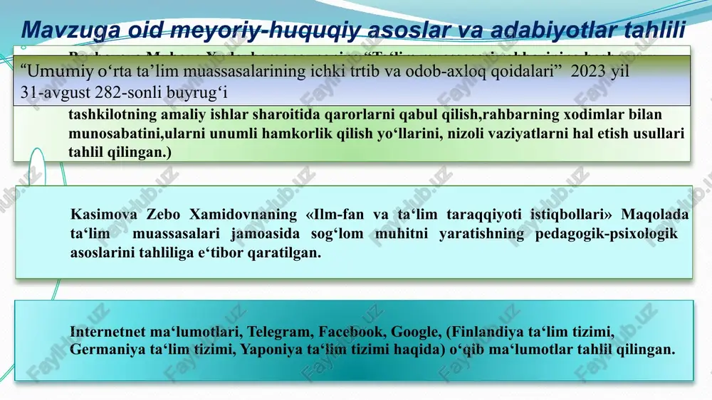 liyatni oshirish, uz kasbga bo‘lgan mehrini kupaytirish, mas‘uliyatni olishni, o‘z ustida uzluksiz ishlashni, rahbar va pedagoglar birgalikda jamoa bo‘lib ishlashni shakllantirish, bularni barchasini maktab rahbari va mamuriyat amalga oshirish lozim. maktablardagi ma‘muriyat va pedagoglar belgilangan qoidalarga to‘liq amal qilmaganligi bois, natijada boshqaruv va pedagoglar o‘rtasidagi munosabatlarida ziddiyat paydo bo‘ladi, natijada rahbar xodimlarini intizomiy jazolaydi va orada tafovut tug‘iladi, rahbarga bo‘lgan munosabatlar buziladi, jamoada nosog‘lom muhit shakllanadi. maktabda qat‘iy tartib-intizomga amal qiladi va an'analarga o‘ta sodiq yondashadi, ish o‘rnini yo‘qotishdan qo‘rqadi, jazolansa to‘g‘ri qabul qiladi, doimo izlanadi, maktablarda pedagoglar ko‘p mehnat qilarkan.(yaponiya) umumiy o‘rta ta‘lim maktablarida ma‘muriyat va pedagog xodimlar mehnat qonunchiligiga amal qilishni, rahbar tomonidan jazolansa to‘g‘ri qabul qilishni o‘rganish, pedagoglar maktab jamoasini muhitini buzmaslikni shakllantirish kerak. maktablarda jamoaga katta ta‘sir qiluvchi pedagoglar bo‘ladi,ular bilan alohida ishlash ,ularni doim nazoratda va e‘tiborda bo‘lishi kerak. germaniyada psixologlar o'qituvchilarni psixologik jihatdan murakkab vaziyatlar bilan ishlash usullarini o'rgatishga, maktablarda psixologik qo'llab-quvvatlash sohasidagi ehtiyojlar …