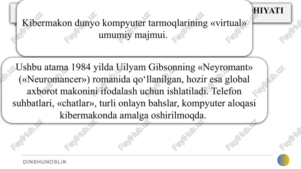ida amalga oshiriladigan xatti-harakatlarni ifoda etadi. bunda raqib tomon axborot tizimlariga ta'sir o‘tkazish bilan bir vaqtda o‘z axborot infratuzilmasi mustahkamlab boriladi. dinshunoslik mustaqillik yillarida mamlakatimizda ham axborot resurslaridan foydalanish, axborot almashinuvi va umuman, axborotlashtirishga doir qonun xujjatlari majmui shakllantirildi. «axborotlashtirish to‘g‘risida»gi o‘zbekiston respublikasi qonunining 4-moddasida «axborotlashtirish sohasidagi davlat siyosati axborot resurslari, axborot texnologiyalari va axborot tizimlarini rivojlantirish hamda takomillashtirishning zamonaviy jahon tamoyillarini hisobga olgan holda milliy axborot tizimini yaratishga qaratilgan» – degan qoida o‘z aksini topgan. din niqobidagi mafkuraviy tahdidlarning namoyon bo‘lish shakllari yoshlarning turli oqimlarga kirib qolishlari sabablari ularning bilimlari, shu jumladan, diniy ilmlarni egallashga bo‘lgan qiziqish va intilishi hamda ishonuvchanligi, birdaniga va hamma narsaga (boylik, shon-shuhrat, martaba va h.k.) ega bo‘lishga harakat qilishi, ya’ni maksimalizm kabi ma'naviy-ruhiy omillarni alohida ajratib ko‘rsatish lozim. «sen bu tashkilotga kirish yoki mana bu vazifani bajarish bilan alohida, har kimga ham nasib qilavermaydigan sharafli ishga qo‘l urgan bo‘lasan, kerak bo‘lsa, sen millat, din, …