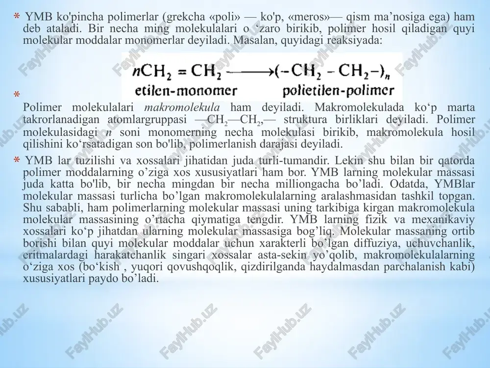 zanjir uchida kation yoki anion hosil bo‘ladi. ular o'zining musbat yoki manfiy zaryadlarini zanjir bo‘ylab uzatishi orqali molekulaning o‘sishiga imkoniyat yaratadi. katalitik polimerlanish zanjir uchida katalizatorning qanday ion hosil qilishiga qarab kationli va anionli bo’ladi. kationli polimerlanish kuchli kislotalar yoki lyuis kislotalari (bf3, a1c13, ticl4, sncl4) ishtirokida boradi. bunday polimerlanishni izobutilen misolida quyidagicha yozish mumkin. 1. faol markazning hosil bo’lishi: hosil bo’lgan makrokationga bf3oh anionini birikishi yoki makromolekuladan protonning (n+) ajralishi natijasida zanjir uzilishi sodir bo’ladi. sopolimerlanish. ikki yoki undan ortiq monomerlarning birgalikda polimerlanish reaksiyasi sopolimerlanish reaksiyasi deb, hosil bo’lgan polimerga esa sopolimer deb ataladi. bunday reaksiyalar natijasida o‘ziga xos yangi sifatli sopolimerlarni sintez qilish mumkin. ajoyib xossalarga ega butadiyen-stirol, butadiyen-nitril kauchuklar va sintetik tolalar olishda sopolimerlanish reaksiyalaridan foydalaniladi. polikondensatlanish reaksiyalari. ko'pchilik sintetik ymb lar polikondensatlanish reaksiyalari asosida hosil qilinadi. bu reaksiyalarda asosiy mahsulot ymb hosil bo‘lish bilan bir qatorda ikkilamchi mahsulot (suv, hc1, ammiak, spirt kabi)lar ajralib chiqadi. shuning …