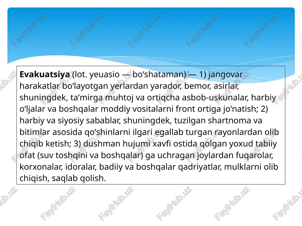 ’yilishini, shuningdek, aholining fv sharoitiga har tomonlama tayyorgarlik ko’rishlarini talab etadi. bunday tayyorgarlikni hokimiyat ijro idoralarining va boshqaruv tashkilotlarining fuqaro muhofazasi boshlig’i bo’lgan rahbarlari tashkil etadilar va o’tkazadilar. aholini evakuatsiya qilish prinsipi bo’yicha ikki tur xildir: ishlab chiqarish-hududiy; hududiy bo’lishi mumkin. bunda, fv yuz bergan hududdan ishchilar, xizmatchilar, o’quvchilar, talabalar, korxonalar, tashkilotlar, muas-sasalar, o’quv yurtlari bo’yicha, ishlab chiqarish va xizmat ko’rsatish sohasida ishlamaydigan boshqa aholini esa turar joydan foydalanish idoralari, shirkatlar orqali turar joylan bo’yicha transportda yoki piyoda olib chiqilishi nazarda tutiladi.muayyan hollarda aholini, moddiy va madaniy boyliklarni evakuatsiya qilish hududiy turiga ko’ra, bevosita aholi yashab turgan joyidan amalga oshiriladi. aholini evakuatsiya qilish usullariga qarab, uch turli bo’ladi: transportda; piyoda tartibda; aralash holda.aralash usuli samarali va eng maqbul usul hisoblanadi. u mavjud transporter yordamida iloji boricha, eng ko’p ishlovchilar bilan bir vaqtda aholining qolgan qismini ham birga qo’shib olib chiqishni nazarda tutadi. bunda asosan, piyoda yura olmaydigan, yosh bolali ayollar, …
