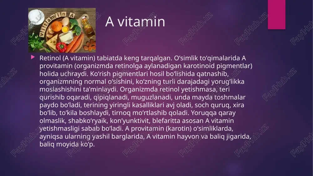 gar, buyrak va yashil barglarda koʻp. ichak mikroorganizmlari folat kislotani koʻp miqdorda sintezlaydi. siankobalamin min) — yuqori biologik faol modda. metionin, nuklein kislotalar sintezida va qon yaratilishi jarayonida qatnashadi. organizmga ovqat bilan kiradi, u organizmda yetishmasa, kamqonlik paydo boʻladi. siankobalamin mol jigarida ayniqsa koʻp. tibbiyotda, chorvachilik va parrandachilikda keng qoʻllaniladi. pantotenat kislota (v5 vitamin) — oʻsimlik va hayvon toʻqimalarida koʻp. nerv sistemasi hamda buyrak usti va qalqonsimon bezlar faoliyatini normallashtiradi. askorbin kislota (s vitamin) — moddalar almashinuvida, biriktiruvchi toʻqimalarning oʻzlashtirilishida, bu toʻqimalarning normal holatda tutib turilishi va tiklanishida muhim ahamiyatga ega. organizmda s vitamin yetishmasa, togʻay va suyak toʻqimalari tuzilishi buziladi, lavsha (singa) kasalligi roʻy beradi. organizmda askorbin kislota hosil boʻlmaydi va toʻplanmaydi. s vitamin sabzavot va mevalarda boʻladi. askorbin kislota turli polivitamin preparatlari tarkibiga kiradi. kalsiferol (d vitamin) moddalarning mineral almashinuviga, suyak hosil boʻlishiga taʼsir koʻrsatadi. u yosh bolalar skeletining jadal oʻsishi va suyaklanishi davrida ayniqsa zarur. organizmda d …