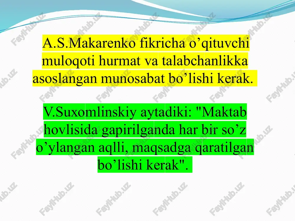 imkoniyat beradi. muloqot - shaxsni o’zini tasdiqlash funksiyasini ham bajaradi. pedagogning vazifasi o’quvchiga o’zining "menligi"ni anglashga o’zining shaxsiy ahamiyatini bilishga, o’ziga baho berishga o’rgatishi kerak. pedagogik muloqotning uslublari avtoritar uslub faoliyat maqsadlari, uni amalga oshirish yo'llari o'qituvchi tomonidan individual ravishda belgilanadi. u o'z xatti-harakatlarini tushuntirmaydi, izoh bermaydi, o'ta talabchanlikni namoyon etadi, o'z hukmlarida qat'iy, e'tirozlarni qabul qilmaydi, talabalarning fikrlari va tashabbuslarini inobatga olmaydi. o'qituvchi doimo o'zining ustunligini namoyon qiladi, unda hamdardlik yetishmaydi. rasmiy, buyruq beruvchi, buyruq beruvchi ohang ustunlik qiladi, murojaat shakli ko'rsatma, ko'rsatma, buyruq, ko'rsatma, qichqiriqdir. muloqot intizomiy choralar va itoatkorlik asosida "men aytganday qiling va fikr yuritmang" liberal uslub faoliyat va nazoratni tashkil qilishda tizim yo'q. o'qituvchi tashqi kuzatuvchi pozitsiyasini egallaydi, kollektiv hayotiga, shaxsning muammolariga kirmaydi, minimal yutuqlar bilan kifoyalanadi. ushbu yetakchilik uslubi bilan o'qituvchi va talabaning maqsadga muvofiq o'zaro ta'siri mavjud emas. "hammasi ketayotgani kabi, qo'yib yuborilsin" demokratik uslub o'qituvchi tomonidan talabaning fikrlariga e'tibor va e'tibor berishni …
