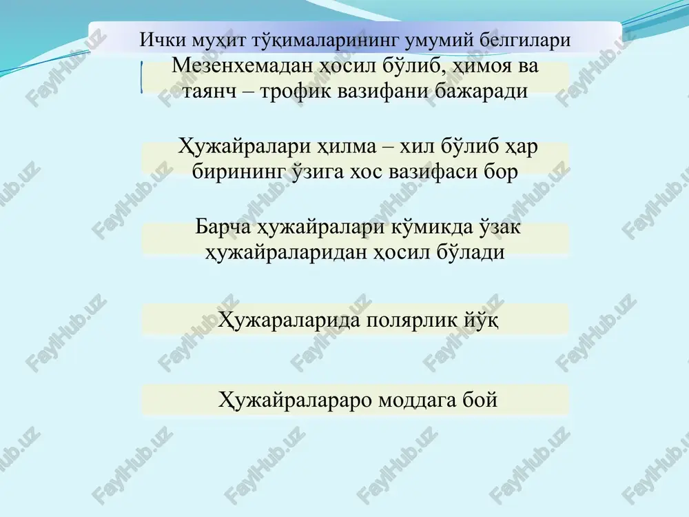 – fagotsitoz qiladi (fc, c3 va 1a– retseptor, interleykin-i); 3. plazmotsitlar – antitelolar ishlab chiqaradi; 4. interdigitirlovchi hujayra – muxit yaratadi va informatsiya uzatadi; 5. semiz hujayralar – allergiyani hosil qiladi; 6. yog' xujayralar – oziqa modda yog' to'playdi. 7. pigment hujayralar – rang beradi; 8. retikulyar hujayralar – qon yaratilishida ishtirok etadi; 9. endoteliy – kapillyarlar devorini hosil qiladi; 10. peritsitlar – to'liq o'rganilmagan hujayralar; 11. adventsial hujayralar – differentsiallashmagan hujayralar. hujayralararo moddasi siyrak biriktiruvchi to'qimaning hujayralararo moddasi asosiy modda va tolalardan iborat. asosiy modda kolloiddan iborat bo'lib, asosini mukopolisaxaridlar tashkil etadi. tolalarning kollagen, elatik va retekulyar xillari farq qilinadi. kollagen tolalar fibroblastlar sintezlaydi. ko'ndalang yo'l hosil qiladigan, pishiq, cho'zilmaydigan tola. hosil bo'lishi: triplet tropokollagen → protofibrillalar → birlamchi fibrillalar → kollagen tolalar. elastik tolalar elastin oqsilidan iborat bo'lib sintezlanishi kollagen tolalariniki singari. u yaxshi cho'ziladi va uzilishi ham oson, ko'ndalang yo'l hosil qilmaydi. retekulyar tolalar retekulyar to'qimada, muskul …