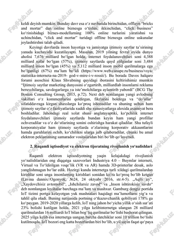o‘ng, facebook borish qiyin bo‘lgan xududlardagi barcha uylarda internetning beto‘tov ishlashini ta’minlashi mumkin bo‘ladi. rivojlangan mamlakatlarda mobil qurilmalar orqali internet va kontentning iste’moli miqdori internetga boshqa qurilmalardan bo‘lgan chiqishlardan ko‘ra ancha ko‘proqdir. bunga asosiy sabab, uyali aloqa operatorlari tomonidan mobil internet narxining kamaytirilishi va smartfonlarning sotuvi ko‘payishidir. masalan, 2015 yil avgust oyida jahondagi mobil qurilmalar soni dunyo bo‘yicha yalpi aholi sonidan oshib ketdi (we are social, avgust 2015). internetga mobil qurilmalardan chiqishlar vaqti ko‘pchilik mamlakatlarda 50% dan ortib ketdi. masalan, bu ko‘rsatgich kanadada 52% ni, britaniyada 56% ni, aqsh da 61% ni tashkil qiladi (comscore, mart 2015). forrester research ning ma’lumotlariga ko‘ra, 65% marketologlar mobil marketingdan foydalanadilar, ulardan 45% qismi esa mobil elektron pochta yordamida reklamani amalga oshiradilar (digital brending // brend management, №1 (80), 2015, c.25). keyingi yillarda messenjerlar bozorining keskin rivojlanishi va komp’yuter o‘yinlarining ommaviylashuvi kuzatilayapti. masalan, pokemon go o‘yining tezlik bilan ommaviylashuvi bunga bir yaqqol misol bo‘la …