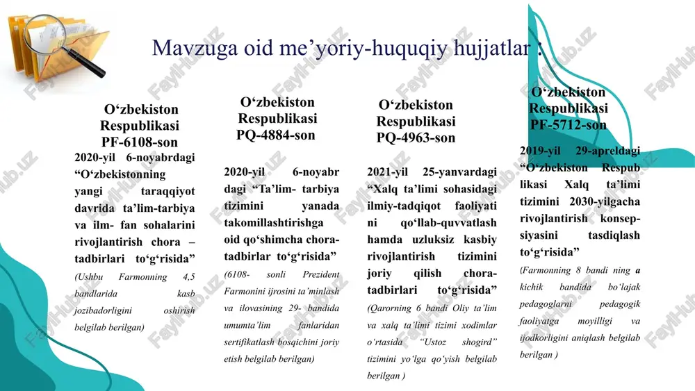 jalb qilish. fikr-mulohaza nomzodlarga keyingi kasbiy rivojlanishida yordam berish uchun zarur fikr-mulohaza va tavsiyalarni taqdim etish. 8 mavzu yuzasidan xorijiy tajribalarning o‘rganilganligi 1 finlyandiya 2 singapur 3 shanxay 3 4 5 kanada koreya hindiston o‘qituvchilarda muloqot qobiliyatlari, pedagogikaga professional munosabat, uning tamoyillariga sodiqlik, birinchi navbatda, bolalarga do‘stona munosabat va boshqa shaxsiy fazilatlari komissiyalar tomonidan o‘rganiladi nomzodlarning ilmiy yutuqlari, muloqotiga katta e’tibor beradi , kasbga qo‘shilish uchun ko‘nikmalar, motivatsiya va maktab hamkorlarining fikriga tayanadi. nomzod pedagogika fanidan, psixologiya va o‘qitish usullaridan yozma imtihon topshiradi, keyin usta o‘qituvchilari va mahalliy maktab mutasaddilari bilan suhbatlashadi, qo‘lda yozish ko‘nikmalarini ko‘rsatadi - yozma ariza - tanishtiruv suhbatlari (20 minut, 3 ta savol) fit suhbatlari .suhbatdan so‘ng shaxsiy moslashuvchanlik va o‘qituvchi sifatida yondashuvlar haqida 30 daqiqa suhbat o‘tkaziladi va nomzoddan 3 ta tavsiyanoma, dars rejasi va o‘qitish baholanishini onlayn jo‘natish aytiladi tet (o‘qituvchining o‘qitish qobiliyati testi) test topshiradi. nomzod bilan suhbat, qisqa ochiq dars o‘tib beradi. …