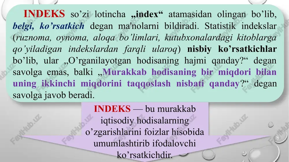 indeksi: bu erda: va - joriy va basis davrlardagi mahsulot qiymati. ko'rinib turibdiki, bu indeks mahsulot fizik hajmini emas, uning qiymati o'zgarishini xarakterlamoqda, ya'ni narx o'zgarsa, qiymat ham o'zgaraveradi. shuning uchun faqatgina mahsulot fizik hajmi o'zgarishini aniqlash uchun indeks vaznlari ikki davr uchun ham bir xil olinishi kerak 2. fizik hajm umumiy indeksi: bu erda: - joriy davrdagi mahsulotning qiymati (o’tgan davr narxida); - bazis davrdagi mahsulotning qiymati joriy davrdagi olingan natijani o'tgan davrga bo'lsak, fizik hajm umumiy indeksi kelib chiqadi 3. narx umumiy indeksi: - joriy davrdagi mahsulotning qiymati - joriy davrdagi mahsulotning qiymati (o’tgan davr narxida); narx umumiy indeksini agregat shaklda hisoblash uchun, bizga har bir tovar bo'yicha uning narxi va sotilgan miqdori to'g'risida ma'lumotlar ma'lum bo'lishi kerak. agarda indeksning sur'atidan maxraji ayrilsa, joriy davrda o'tgan davrdagiga nisbatan xaridorning narx o'zgarishi hisobidan tejab qolgan yoki ortiqcha sarflangan xarajatlari miqdori kelib chiqadi. umumiy indekslarni agregat shaklda hisoblash uchun indekslashtirilayotgan …