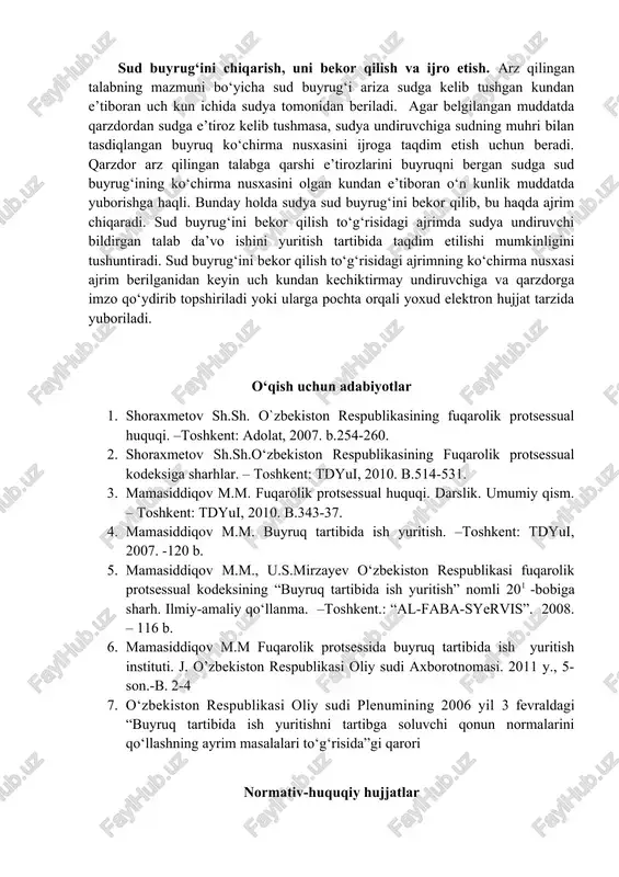 hqa sabablarga ko‘ra sudda o‘z huquqlarini shaxsan himoya qilish imkoniyatiga ega bo‘lmasagina, fuqaro manfaati yuzasidan sud buyrug‘i chiqarish haqidagi ariza bilan sudga murojaat qilishi mumkin bo‘ladi. bunday holda, sud buyrug‘i chiqarish haqidagi prokurorning arizasiga arz qilingan talabni tasdiqlovchi hujjatlardan tashqari, fuqaroning sudga murojaat qila olmasligini tasdiqlovchi hujjatlar ham ilova qilinishi lozim. sud buyrug‘ini chiqarish to‘g‘risida ariza berganlik uchun o‘zbekiston respublikasi vazirlar mahkamasining 1994 yil 3 noyabrdagi 533-sonli “davlat boji stavkalari haqida” gi qarori asosida tasdiqlangan ilovaga ko‘ra, da’vo ishlarini yuritish uchun belgilangan tartibda va miqdorda davlat boji undiriladi. arizani qabul qilish rad etilgan taqdirda undiruvchi tomonidan to‘langan davlat boji qaytarib beriladi. sud buyrug‘i bekor qilingan taqdirda to‘langan davlat boji qaytarib berilmaydi, balki u undiruvchi qarzdorga nisbatan da’vo ishi yuritish tartibida ariza bilan sudga murojaat etgan taqdirda to‘lanishi lozim bo‘lgan boj hisobiga o‘tkaziladi. sud buyrug‘ini chiqarish, uni bekor qilish va ijro etish. arz qilingan talabning mazmuni bo‘yicha sud buyrug‘i ariza sudga …