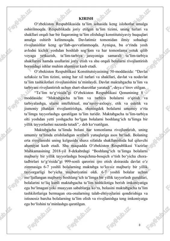 maktabgacha taʼlim tashkilotlariga bermagan ota-onalarning talab-ehtiyojlarini qondirishiga va istisnosiz barcha bolalarning taʼlim olish va rivojlanishga teng imkoniyatga ega boʻlishini taʼminlashga qaratilgan. shu oʻrinda taʼkidlash lozimki, maktabgacha yoshdagi bolalarni maktab taʼlimiga tayyorlash - dolzarb masala. ma’umki, bola rivojlanish bosqichlarida uning jismoniy, maʼnaviy, imkoniyatlarini hisobga olish, intellektual rivojlanishi uchun maqbul sharoitlar yaratish uning bilish faolligini oshiradi va intellektual rivojlanishga hissa qoʻshadi. tarbiyachilar tomonidan bolalarni oʻqish va yozish malakalarini shakllantirish maktabgacha yoshga doir maxsus metodikalar orqali olib boriladi. bolalarni maktabga tayyorlashda, maktabgacha yoshdagi bolalik inson tafakkuri va umuman inson shaxsini shakllantirish jarayonida alohida rol oʻynaydi, jamiyatimizning ongli avlodini tarbiyalashga xizmat qiladi. “bolalarni maktabga tayyorlash metodikasi” fani bo’yicha tayyorlangan ushbu darslik mazkur masalalarning yechimiga bag’ishlangan. shuningdek, usbu darslikda bolalalarni maktab ta’limiga tayyorlash metodikasining o‘ziga xos xususiyatlari, mttda ilk va maktabgacha yoshdagi bolalar rivojlanishiga qo‘yiladigan dt asosida bolani maktabga tayyorlash, bolalarni mehnat va malaka ko‘nikmalari orqali maktabga tayyorlash, bolani maktab ta’limiga tayyorlash shakllari va metodlari, …