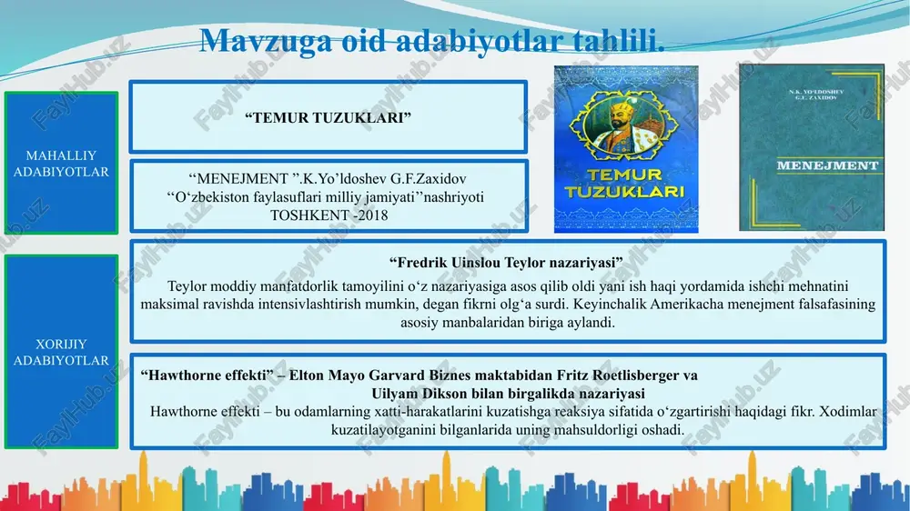 holat (xorijda ) taklif 1 o‘qituvchilar o‘rtasidagi hamkorlik o‘zaro tajriba almashish bilan bog‘liq bo‘lib qolmoqda. finlyandiyada o‘qituvchilar o‘rtasidagi hamkorlik kuchli rag‘batlantiriladi. maktab rahbarlari o‘qituvchilarni hamkorlikda qilgan ishlarini doim e’tirof etib ma’naviy rag‘batlantirib borishi. 2 bizda asosan o‘qituvchilarning shaxsiy yutuqlariga e’tibor qaratiladi. angliyada asosan o‘quvchilarning natijalariga qarab xodimlar rag‘batlantiriladi. 1.aniq va adolatli baholash kriteriyalarini ishlab chiqish.muloqot va teskari aloqa: 2.xodimlar bilan muntazam ravishda uchrashuvlar o‘tkazish va ularning fikr-mulohazalarini tinglash. bu uchrashuvlar rag‘batlantirish tizimini takomillashtirishda muhimdir. 3 o‘qituvchilik kasbini mavqeini yanada oshirish lozimligi. yaponiyada xodimlar bepul tibbiy sug‘urtalanadi. kuchli ijtimoiy himoya, yuqori rag‘batlantirish tizimi mavjud. o‘qituvchilarga beriladigan ijtimoiy imtiyozlarni kengaytirish va ularni jamiyatdagi obro‘yini oshirish. 4 kasaba uyushmasi tomonidan turli sport musobaqalari o’tkaziladi va o‘qituvchilar rag‘batlantiriladi. janubiy koreada xodimlarning ruhiy va jismoniy salomatligini qo’llab-quvvatlash uchun turli dasturlar mavjud. musobaqalarda g‘o‘lib bo‘lgan xodimlarni ota-onasini tashakkurnomalar va fahriy yorliqlar bilan rag‘batlantirish. qiyosiy tahlil etilganligi. 7 xodimlarni rag‘batlantirishda menejerning asosiy vazifasi: ishonch bildirish, muammolarini eshitish …