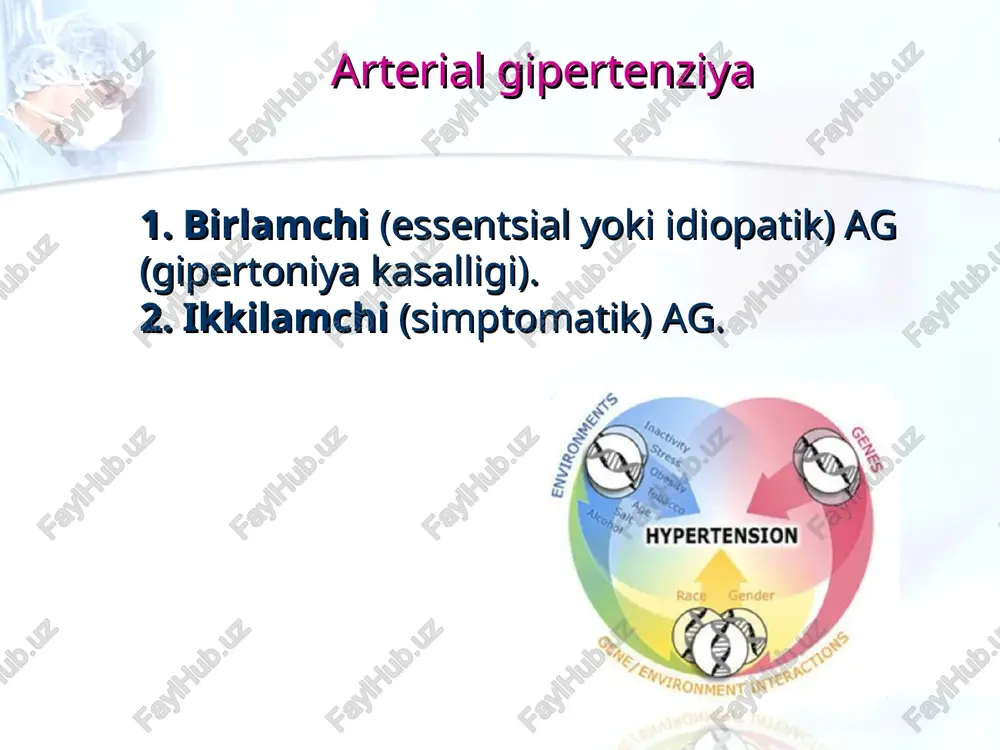 ng torayishi. bosh miya qon tomirlari kasalliklari (ishemik va gemoragik insult, gipertonik ensefalopatiya, demensiya) yurak kasalliklari (mi, stenokardiya, surunkali yurak yetishmovchiligi) buyrak kasalliklari (surunkali buyrak yetishmovchiligi, diabetik nefropatiya) qon tomirlar kasalliklari gipertonik retinopatiya xavf pog’onalari yaqin 10 yilda insult yoki miokard infarkti rivojlanishiga qarab ajratiladi hamroh klinik holatlar yaqin 10 yil ichida insult yoki infarkt yuzaga kelish xavfi past xavf (1) = 15% kam o’rta xavf (2) = 15-20%; yuqori xavf (3) = 20-30%; juda yuqori xavf (4) =30% va yuqori xavf darajalari bo'yicha tasnifi xavf omillari va anamnez 1 daraja (yengil ag) sad 140-159 yoki dad 90-99 ii daraja (o’rta ag) sad 160-179 yoki dad 100-109 iii daraja(og’ir ag) sad>180 yoki dad>110 1. xavf omillari yoq, naz, assotsirlangan kasalliklar past xavf o’rta xavf yuqori xavf 2. xavf omillari - 1-2ta o’rta xavf o’rta xavf juda yuqori xavf 3 xavf omillari 3-ta va undan ortiq va /yoki naz, va/yoki qandli …