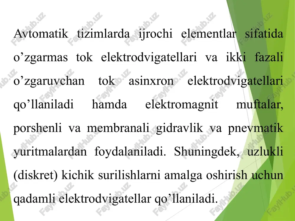 hkil topadi. boshqarish qurilmasi uchun manipulyator va robotning harakatlanish qurilmasi boshqarish obyekti hisoblanadi. sanoat robotining funksional sxemasi chizmada keltirilgan. 5.1 rasm. robotning funksional chizmasi m - manipulyator; hq - harakatlanish qurilmasi; bq – boshqarish qurilmasi; bp - boshqarish pulti; xq - xotira qurilmasi; his.q - hisoblash qurilmasi; ybq - yuritmalami boshqarish qurilmasi. robotning manipulyatori ko‘p zvenoli mexanizm bo‘lib, u burilish va ilgarilanma harakatlanuvchi zvenolardan tashkil topadi hamda bir necha harakat darajasiga ega bo‘ladi. manipulyatorning zvenolari bir-birlari bilan kinematik juftlar yordamida bog‘lanadi. harakatlanish qurilmasi sifatida g‘ildirakli, guesnitsali, qadamlovchi va boshqa qurilmalar ishlatiladi. boshqarish pulti robotning xotira qurilmasiga turli xil ma’lumotlarni va dasturlarni kiritish uchun qo‘llaniladi. xotira qurilmasi robotni boshqarish dasturlarini va zarur ma’lumotlarni saqlashga xizmat qiladi. hisoblash qurilmasi robotning ishlash algoritmini shakllantiradi. yurimalarni boshqarish qurilmasi robot manipulyatorining yuritmalarini boshqaradi. robotlarni boshqarish usullari sanoat robotining boshqarish tizimi boshqarish qurilma sidan, boshqarish obyekti bo‘lgan manipulyatordan, harakatlanish qurilmalaridan va boshqa sanoat roboti tarkibiga kiruvchi …