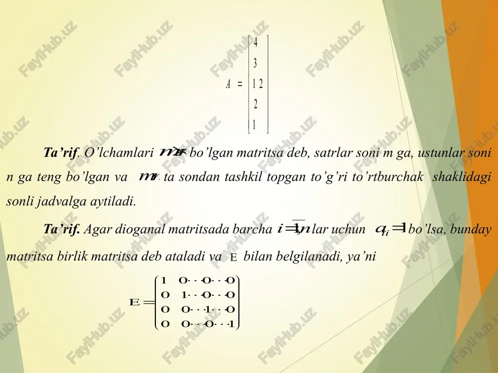 a ko’paytiriladi. m atritsa larni m atritsa ga ko’paytirish murakkabroq bo’lib, keying bo’limda o’rganiladi. misol. agar 17,5 % qqs (qo’shimcha qiy mat solig’i) qo’yilganda avtomashina ijarasiga bo’lgan narxlar   139160205340430 p  . v soliqsiz narx vektori aniqlang. yechish. dastlab biz narx vektorining qo’llanilashi mumkin bo’lgan quyi skalyar qiymatini aniqlashimiz zarur. soliq stavkasi 17,5 % bo’lganligi uchun qqs da asosiy foiz stavkasi 117,5% bo’ladi. suning uchu soliqsiz narx vektori     11 139160205340430 1.1751.175 11111 139160205340430 1.1751.1751.1751.1751.175 118.30136.17174.47289.36365.96 vp             m × n o’lchovli a m atritsa berilga n bo’lsin. 11121 21222 12 n n mmmn aaa aaa a aaa            har bir ij a element uchun indeksdagi i element joylashgan satr nomerini va j indeks element joylashgan ustun nomerini anglatadi . masalan : 11 a …