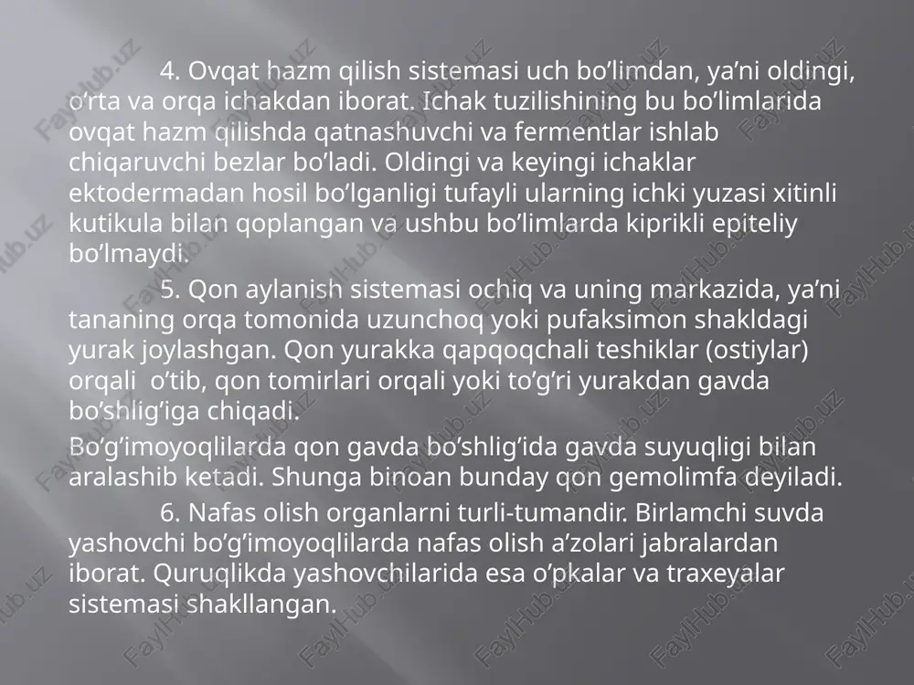 ardir va faqat jinsiy usulda ko’payadilar. ayrim guruhlarida partenogenez ko’payish usuli ham mavjuddir. bo’g’imoyoqlilarning ko’pchiligida jinsiy dimorfizm belgilari aniq ifodalangan. xeliseralilar k/tipi-cheliserata xeliseralilar asosan quruqlikda yashovchi bug’imoyoqlilarning 40 mingdan ortiq turini o’z ichiga oladi. ularning ayrm turlarigina suvda yashashga moslashgan. tanasi boshko’krak va qorin qismlaridan iborat. boshko’krak 7 ta segmentning o’zaro qo’shilishidan hosil bo’lgan, lekin ko’pchilik turlarida yettinchi segment deyarli yo’qolib ketish arafasida va u noma’lum. ayrim turlarida esa qorin bo’limi ikki qismdan, ya’ni oldingi va orqa qismlardan iborat. boshko’krakda 6 juft bir shoxli oyoqlar bo’lsa, qorin bo’limidagi oyoqlar yoki shakl o’zgartgan yo qisqarib ketgan. xeliseralilar uchun xos bo’lgan xususiyatlar yana shundan iboratki, ularning mo’ylovlari va bosh bo’lagi (akron) ning ham qisqarib ketishidir. boshko’krakdagi oyoqlarning birinchi jufti xeliseralarni hosil qilgan va ular oziqni maydalash va ezish uchun xizmat qiladi. boshko’krakning 2-nchi juft oyoqlari esa pedipalplar deyilib, ular sezish va ayrim hollarda tutish vazifasini bajaradi. bo’g’imoyoqlilarning sistematikasi 6 trilobit paleozoy erasida …