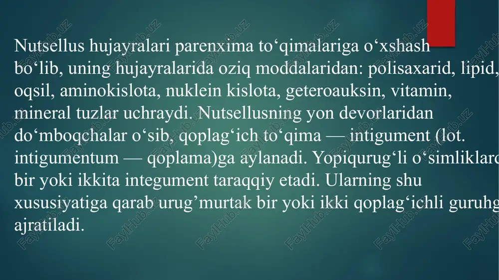 anishining dastlabki davrida paydo bo’lb, urug’lanish sodir bo’lgandan so‘ng yemiriladi. embrion xaltasining chang yoyi yonida turgan uchta yadro atrofiga protoplazma to‘planib hujayra hosil bo’ladi. bu hujayralar tuxum apparatini tashkil etadi: ularning o‘rtasidagi eng yirik tuxum hujayra. qoplag‘ich hujayra ko'pincha krassinusellyat urug‘ murtaklarda bo’ladi, tenuinusellyat urug’murtaklarda uchramaydi. ko‘pchilik yopiqurug‘li o‘simliklarda arxespora hujayrasi ikki marta meyoz bo‘lingandan keyin to‘rtta gaploid megaspora hosil bo‘ladi. bu jarayonga megasporogenez deyiladi. xalaza (ahyonahyonda mikropilla) tomondagi hujayralar juda kattalashib ketadi, yuqoridagi hujayralarni siqib qo‘yadi va pirovardida bir yadroli urug‘chi gametofit yoki embrion xaltasiga aylanadi. embrion xaltasi uch marta bo’linish natijasida hosil bo‘ladi. birinchisida ikki yadro hosil bo’ladi va hujayra qutblaridan joy oladi. keyinchalik bu yadrolar yana ikki marta bo’linadi va embrion xaltasining har ikki qutb tomonida to‘rttadan yadro yuzaga keladi. har qaysi qutbdagi yadrolar bittadan markazga yo'naladi va bir-biri bilan qo‘shilib, embrion xaltasining ikkilamchi diploid yoki markaziy yadrosini hosil qiladi. e’tiboringiz uchun rahmat! image2.png image3.png image4.png image5.png …