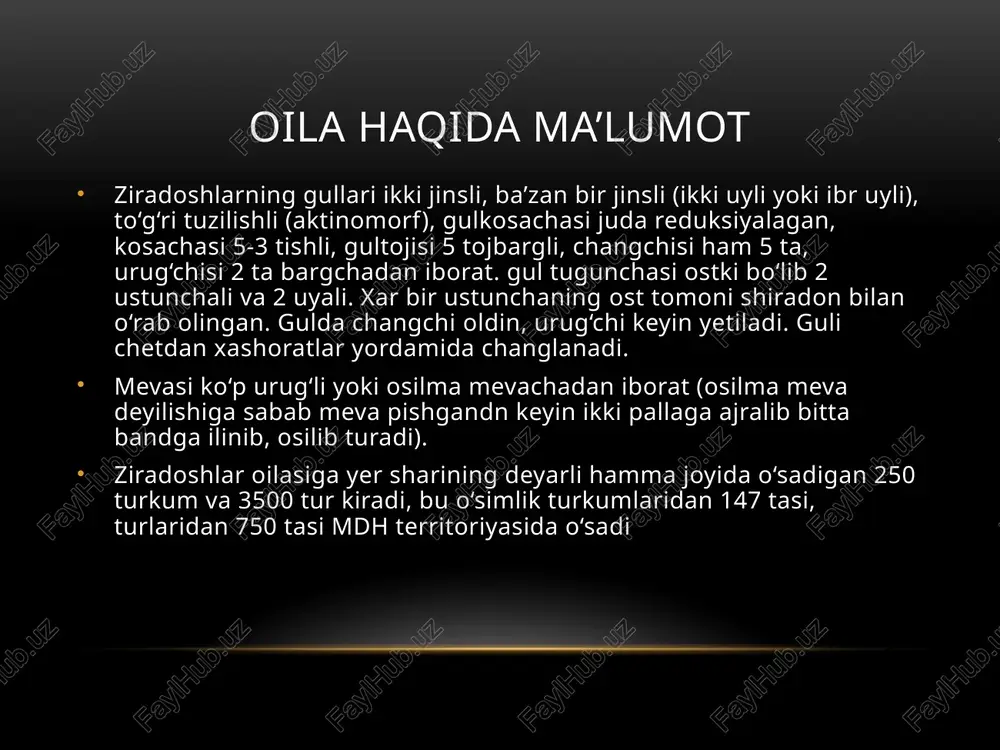 o‘tgan qirralari bo‘ladi. bu qirralaridan 10 ta maydarog‘ida mayda qattiq tukcha bo‘ladi, 8 ta kattarog‘ida esa (uchida) uzun ninasimon tuklar joylashadi. yetilgan urug‘ning meva bandi nina uchi bilan bosilsa, uning ikki palladan iboratligi ma’lum bo‘ladi, bu pallalar urug‘ pishganda meva bandidan uzilib ketadi. tugunakli, ildizi yo‘g‘onlashgan. guli sargish. poyadagi barglarining asosi shishgan, qin hosil qilgan. barg vaprogi bir necha marta qirqilgan. soyabonlari gul jinsiga ko‘ra 2 xil: markaziy soyabonlarning gullari 2 jinsli, yon soyabonlariniki esa, changchili va 2 jinsli. poyalari ko‘pincha yo‘g‘on g‘arovsimon va baland bo‘yli. zira- carum carvi zira –carum carvi o’zbekistonda zira turkumiga mansub 9 tur o’simlik o’sadi. bular asosan adir va tog’larda tarqalgan. ziralarning hammasida ham bir hilda efir moyi hosil bo’lavermaydi. faqat oddiy zira (osh zira) efir moylariga boyligi bilan ajralib turadi.u tugunakli kop yillik o’t.poyasi tuksiz balandligi 40-60(80) sm. soyaboni 15-20 nurli, soyabonchasi 20-30 gulli, mevasi cho’ziq, sabzi mevasini eslatadi. iyunda gullab, mevasi iyulda pishadi. …