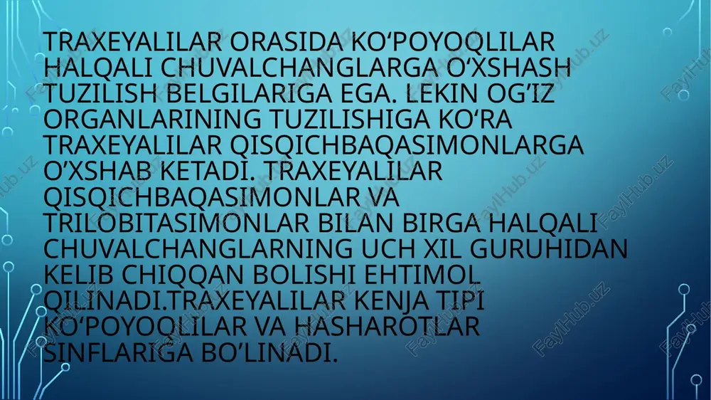 gan. odatda ko’poyoqlilarniiig har bir tana bog’imida birjuftdan, ikki juft oyoqlilarda 2 juftdan, ko‘pchilik laboyoqlilarda esa hat ikki bo‘g‘imda bir juftdan nafas teshiklari bo‘ladi. ayrim kalmashinadirning (laboyoqlilar) traxeya naylari kuchli shoxlangan. tanadagi traxeya naychalari o’zaro tutashib, yaxlit traxeya sistemasini hosil qilgan. ikki juft oyoqlilarda esa har bir traxeya nayi alohida nafas teshigiga ochiladi. traxeya naychalarining uchki qismi barcha to‘qimalarga tarqaladi. tana muskullarining qisqarishi va bo’shashishi tufayli traxeya naychalaridagi havo almashinadi. qon aylanish sistemasi yaxshi rivojlangan, yurak va undan boshlanadigan arteriya qon tomirlaridan iborat. yuragining tuzilishi va joylanishi hasharotlamikiga o’xshaydi. bu organ ichakning ustida joylashgan tana bo‘g‘imlari soniga teng miqdorda alohida kamaralarga bolingan uzun naychadan iborat. har qaysi kameraning ikki yonida klapanli bir juft ostiylar boladi. klapanlar qo‘shni kameralar orasida ham joylashgan. yurak maxsus qanotsimon muskullar yordamida tana devoriga osilgan boiib, orqadan oldingi tomonga qarab tolqinsimon qisqarish xususiyatiga ega yurakdan chiqadigan qon tomirlari ko’poyoqlilarda turlicha rivojlangan. yurakning keyingi uchi hasharotlarga o’xshash …