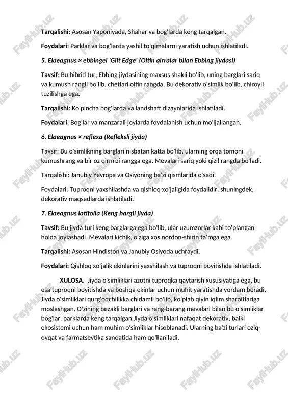 ariq va kumush rangli bo'lib, chetlari oltin rangda. bu dekorativ o'simlik bo'lib, chiroyli tuzilishga ega. tarqalishi: ko'pincha bog'larda va landshaft dizaynlarida ishlatiladi. foydalari: bog'lar va manzarali joylarda foydalanish uchun mo'ljallangan. 6. elaeagnus × reflexa (refleksli jiyda) tavsif: bu o'simlikning barglari nisbatan katta bo'lib, ularning orqa tomoni kumushrang va bir oz qirmizi rangga ega. mevalari sariq yoki qizil rangda bo'ladi. tarqalishi: janubiy yevropa va osiyoning ba'zi qismlarida o'sadi. foydalari: tuproqni yaxshilashda va qishloq xo'jaligida foydalidir, shuningdek, dekorativ maqsadlarda ishlatiladi. 7. elaeagnus latifolia (keng bargli jiyda) tavsif: bu jiyda turi keng barglarga ega bo'lib, ular uzumzorlar kabi to'plangan holda joylashadi. mevalari kichik, o'ziga xos nordon-shirin ta'mga ega. tarqalishi: asosan hindiston va janubiy osiyoda uchraydi. foydalari: qishloq xo'jalik ekinlarini yaxshilash va tuproqni boyitishda ishlatiladi. xulosa. jiyda o'simliklari azotni tuproqka qaytarish xususiyatiga ega, bu esa tuproqni boyitishda va boshqa ekinlar uchun muhit yaratishda yordam beradi. jiyda o'simliklari qurg'oqchilikka chidamli bo'lib, ko'plab qiyin iqlim sharoitlariga …