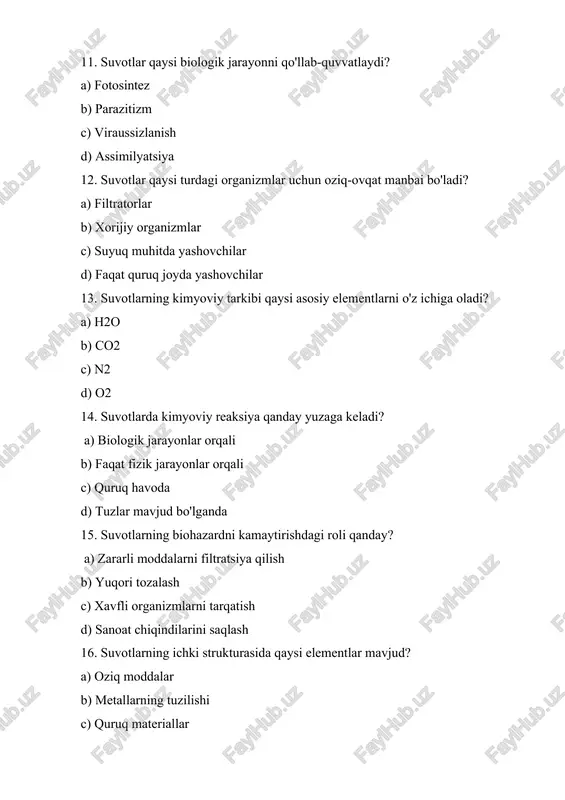 ik tizimda qanday rol o'ynaydi? a) tizimni muvozanatlaydi b) iqlimni o'zgartiradi c) faoliyatni oshiradi d) tashqi omillarni kamaytiradi 27. suvotlar ichida qaysi jarayonlar muhimdir? a) ekologik aloqalar b) faqat kimyoviy reaksiya c) faqat fizik jarayonlar d) yaltiroq jarayonlar 28. suvotlarning kelajagi qaysi omillarga bog'liq? a) iqlim o'zgarishi b) faqat quruqlikdagi o'zgarishlar c) faqat inson faoliyati d) to'siq hosil bo'lishi 29. suvotlarning biologik harorati qanday muhim ahamiyatga ega? a) hujayralar faoliyatini qo'llab-quvvatlaydi b) quruqlikdagi hayot uchun zarur c) faqat kislota darajasiga ta'sir qiladi d) shunchaki harorat o'zgarishi 30. suvotlar qanday resurslarni saqlaydi? a) suv resurslarini b) faqat tuzlarni c) faqat gazlarni d) faqat quruqlikdagi