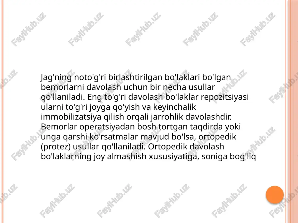 lishi mumkin bo'lmagan hollarda skladnoy (buklama) protez qo'llaniladi.shuningdek bu protez o'rniga qismlarga ajratiladigan protezdan foydalanish mumkin. ortopedik davolanishning eng yaxshi natijasi og'iz bo'shlig'ini jarrohlik yo'li bilan kengaytirishdan so'ng erishiladi. pastki jag' kontrakturasi - bu chakka pastki jag' bo'g'im bilan funktsional ravishda bog'langan jag' yumshoq to'qimalarining patologik o'zgarishlari va elastik xususiyatlarining buzilishi tufayli yuzaga keladigan holatdir. klinikasi. bemor turli noqulayliklardan shikoyat qiladi, ba'zi hollarda esa - og'zini ochishning qiyinligidan.agar patologiya chaynov mushaklarining o'tkir yallig'lanish jarayoniga asoslangan bo'lsa ( miyozit ), bemor pastki jag'ni tushirishga harakat qilganda og'riqni boshdan kechiradi.uzoq muddatli kasallik bilan, ayniqsa, bolalik yoki o'smirlik davrida rivojlangan, nevrotik kasalliklar yuzning sezilarli assimetriyasi , pastki jag'ning deformatsiyasi tufayli mumkin. pastki jag' konturakturasida nutq va ovqatlanish buziladi.tishlar, ayniqsa oldingi tishlar, noto'g'ri shakldagi pozitsiyani egallaydi. ko'pincha yuqori va pastki jag'ning deformatsiyasi kuzatiladi.agar kontraktura yuz skeletining o'sishi paytida yuzaga kelgan bo'lsa, unda pastki jag' rivojlanishda biroz orqada qoladi.bir tomonlama kontraktura bilan og'izni ochish vaqtida …