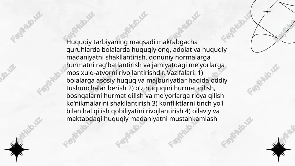 iy madaniyatni rivojlantirish majburiyat, hurmat va hamkorlik tushunchalarini o'rgatish. bolalarda adolatli qarorlar qabul qilish, teng huquq va majburiyatlarni anglash, ijtimoiy munosabatlarda doʻstona muomala shakllantirish. malakali tarbiyaviy o'yinlar, rolli vazifalar, muammoli vaziyatlar orqali huquqiy bilim va madaniyatni amaliy otishni ta'minlash. ... t.me/slaydai_bot muomala va konfliktlarni qonuniy-asosiy yechimga yoʻnaltirish usullari: bolalarda huquqiy savodxonlikni oshirish, huquq va majburiyatlarni sodda tilda oʻrgatish, qoidalarni aniq belgilash, tarbiyaviy suhbatlar va maslahatlar, vositachilik va meditatsiya, restorativ amaliyotlar (kechirim va javobgarlik), rol oʻyinlari orqali muomala ko‘nikmalarini shakllantirish, ota-ona va jamiyat bilan hamkorlik, hodisalarni hujjatlashtirish, pedagog-psixolog va mahalla vakillari bilan yoʻnaltirish, qonuniy cheklovlar va jazo choralari doirasida tartibiy-protsessual yondashuv. maktabgacha taʼlim tashkiloti katta va maktabga tayyorlov guruhlarida huquqiy tarbiya berish mazmuni uralova dilshoda e'tiboringiz uchun raxmat! image1.png image2.png image3.png /docprops/thumbnail.jpeg