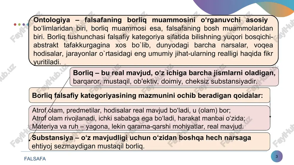 i borliq va yo‘qlik o‘rtasida dialektik o‘zaro aloqa mavjud. borliq hozirgi zamonda mavjud, hozirgi zamonda o‘zini namoyon etadi. falsafa * ontologiya-borliq falsafasining muammolari borliq va yo‘qlik mavjudlik va reallik mavjudlik - borliqning hozirgi paytda namoyon bo‘lib turgan qismi bo‘lib, o‘tgan va mavjud bo‘ladigan narsa va hodisalar ham borliq tushunchasiga kiradi. reallik esa, mavjudlikning hammaga ayon bo‘lgan, ular tomonidan tan olingan qismi. borliq o‘ziga ob‘ektiv va subʼektiv reallikni, mavjud bo‘lgan va mavjud bo‘ladigan olamlarni, moddiylik va maʼnaviylikni qamrab oluvchi umumiy tushunchadir yo‘qlik hech narsa demak, borliqning ibtidosi ham intihosi ham yo‘qlikdir. * falsafa * borliq shakllari ijtimoiy borliq inson borlig‘i tabiat borlig‘i notirik tabiat borlig‘i ma’naviy borliq falsafa * borliqning asosiy shakllari: tabiat borlig‘i tabiatdagi narsalar, jarayonlar borlig‘i sifatida tushuniladi. u ikkiga bo‘linadi: azaliy birlamchi tabiat ikkinchi tabiat borlig‘i - madaniyat. maʼnaviy borliq (individuallashgan va obʼektivlashgan maʼnaviy borliq) inson borlig‘i – insonning moddiy va ruhiy (ideal) birligi sifatida mavjudligi, insonning o‘z-o‘zicha …
