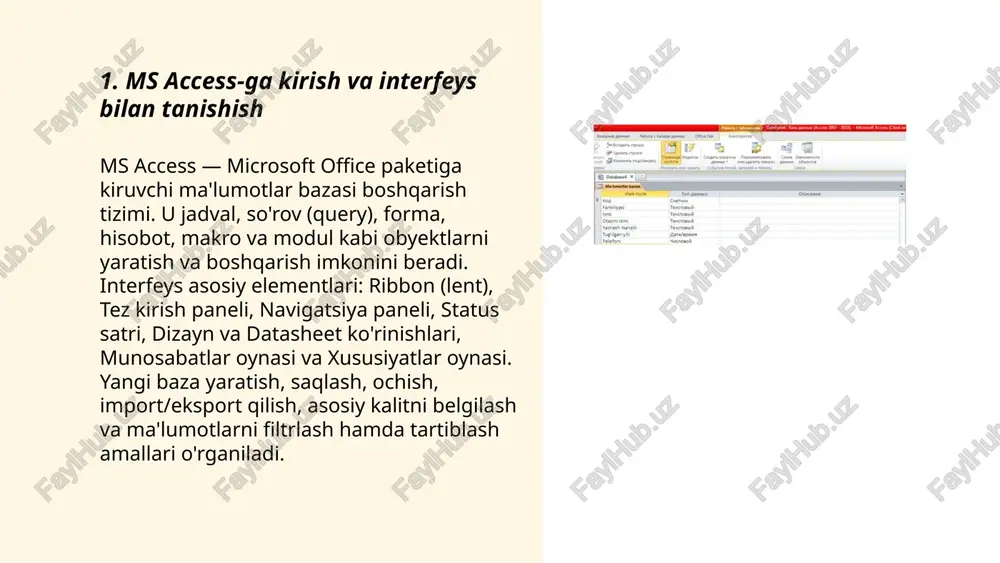 siyalarni ishlatish mumkin. wildcard (%) va like matn qidiruvlari uchun, between, in, is null shartlari mavjud. so'rovlar design va sql ko'rinishida yaratiladi, parametrli so'rovlar foydalanuvchi kiritgan qiymatni qabul qiladi. ... t.me/slaydai_bot parametrli so'rovlar foydalanuvchidan kriteriyalarni bajarish uchun ish paytida input oladi. parametrlarni design yoki sql viewda [enter qiymat:] sintaksisi bilan aniqlash mumkin. hisoblovchi so'rovlar hisoblangan maydonlar va agregat funksiyalar (sum, avg, count, min, max) orqali yig‘indilar yoki o‘rtachalarni hisoblaydi va group by ishlatadi. amaliy so'rovlar 1. make table, 2. append, 3. update, 4. delete turlariga bo'linadi va ma'lumotlarni o'zgartiradi, shuning uchun zaxira va run tugmasi bilan tasdiq talab qilinadi. ms access ma'lumotlar bazasi bilan ishlash bibinaz utebaeva e'tiboringiz uchun raxmat! image1.png image2.png image3.png image4.jpg image5.jpg image6.jpg image7.jpg /docprops/thumbnail.jpeg