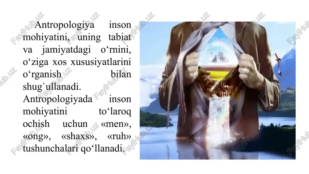 qoldirish, sharoitga moslashish kabilar xos. inson boshqa mavjudotlardan sosial xususiyatlari bilan ajralib turadi. chunonchi, til, muomala, ramziy belgilar, bilim, ong, mahsulot ishlab chiqarish, taqsimlash, iste`mol qilish, boshqarish, o‘z-o‘zini idora etish, badiiy ijod, ahloq, nutq, tafakkur, qadriyatlar, tabu (ruhsat va ta`qiqlash) shular jumlasidandir. insonning psixik xususiyatlariga ruhiy kechinmalar, hayratlanish, g’am-tashvish, qayg’u, iztirob chekish, zavqlanish, kayfiyat kabilar kiradi. inson mohiyatini falsafiy jihatdan chuqurroq tahlil qilishda shaxs, individ, individuallik tushunchalarining mohiyatini bilish va ularni bir - biridan farqlash muhimdir. shaxs o‘zida sotsial sifatlarni mujassamlashtirgan insonni ifoda etadi. kishilar shaxs bo‘lib tug`ilmaydi, balki jamiyatdagina shaxs bo‘lib shakllanadi va rivojlanadi. chunki insonga xos ijtimoiy sifatlar, fazilatlar avloddan-avlodga irsiy yo‘l bilan o‘tmaydi. inson dunyoga kelgan vaqtida jamiyat, siyosiy tuzum, madaniyat, ishlab chiqarish, oila, ommaviy axborot vositalari, mafkura kabi ijtimoiy tuzilmalar mavjud bo‘ladi. inson ta`lim-tarbiya, mehnat, muloqot jarayonida ijtimoiy tajriba, bilim, turli munosabatlar, ahloqiy me`yorlar, siyosiy g’oya, milliy mafkura kabi omillar ta`sirida yashaydi, ularni o‘zlashtiradi va shu …