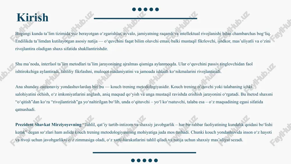 lib chiqadi. psixologik asoslar — o‘quvchining shaxsiy xususiyatlari, ichki motivatsiyasi, hissiy holati va fikrlash jarayonini hisobga olishga asoslanadi. kouch o‘qituvchi sifatida shaxsni tahlil qiladi, unga yo‘l-yo‘riq ko‘rsatadi, lekin majbur etmaydi. metodologik asoslar — kouch treningda faol, interfaol va reflektiv metodlarni qo‘llashni talab etadi. “savol-javob”, “fikr xaritasi”, “muammoli holat tahlili” kabi metodlar orqali o‘quvchilar o‘z fikrlarini erkin ifoda etadi va ijodkorlikni rivojlantiradi. axborot texnologiyalari asoslari — powerpoint, canva, prezi va boshqa taqdimot vositalaridan foydalanish orqali trening jarayonini vizual, jonli va interaktiv tarzda tashkil etish imkonini beradi. bu o‘quvchilar e’tiborini oshiradi, mavzuni chuqurroq anglashga yordam beradi. tarbiya jarayonida kouch treningning roli kouch trening tarbiyaviy jarayonda o‘quvchini shunchaki tarbiya ob’ekti sifatida emas, balki faol ishtirokchi va sub’ekt sifatida ko‘rishni ta’minlaydi. ushbu yondashuv tarbiyani biryoqlama ta’sir emas, balki o‘zaro hamkorlik, muloqot va o‘zini anglash jarayoni sifatida tashkil etishga imkon beradi. kouch trening yordamida o‘quvchi o‘zining kuchli va zaif jihatlarini anglaydi, maqsad qo‘yish, mustaqil fikrlash …