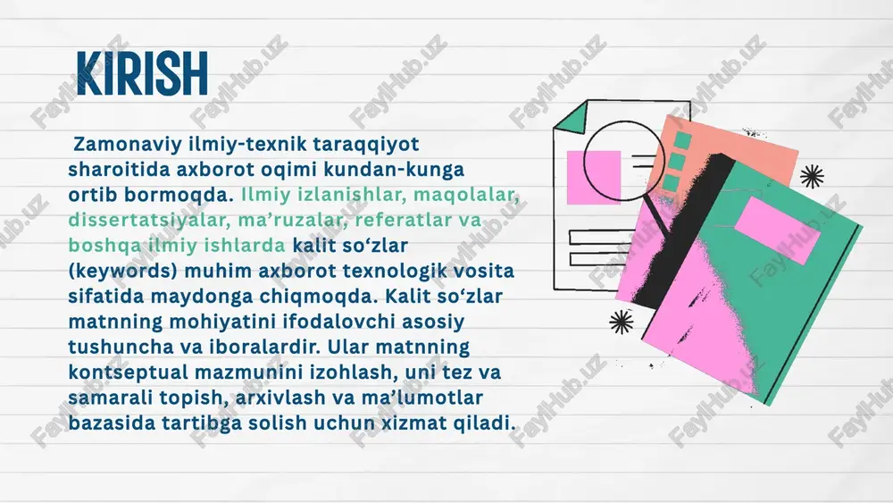 lar va ularni davolash usullari va profilaktika” misollar misollar misollar kalit so‘zlar va axborot izlash faoliyati bo‘yicha dolzarb statistikalar (2023–2024 yillar asosida) ilmiy izlanishlarning 92% qismi kalit so‘zlar orqali topiladi manba: elsevier survey, 2023 izoh: bugungi kunda olimlar va tadqiqotchilar o‘zlariga kerakli ilmiy manbalarni, asosan, kalit so‘zlar orqali axborot bazalarida izlaydilar. bu kalit so‘zlarning to‘g‘ri tanlanishi qanchalik muhimligini ko‘rsatadi. noto‘g‘ri tanlangan kalit so‘zlar maqolaning 40% kamroq o‘qilishiga sabab bo‘ladi manba: springer nature internal study, 2023 izoh: tahlillarga ko‘ra, maqolaga noto‘g‘ri yoki umumiy kalit so‘zlar qo‘yilgan hollarda, uning indekslanishi va o‘qilishi keskin kamayadi. bu esa ilmiy maqolaning boshqa tadqiqotchilar tomonidan ko‘rilmasligiga olib keladi. scopus va web of science bazalarida kalit so‘zsiz maqolalar indekslanmaydi manba: scopus author guidelines, 2024 izoh: yirik xalqaro ilmiy bazalar, masalan, scopus, wos, maqolalarni faqat kalit so‘zlar asosida indekslaydi. agar maqolada kalit so‘zlar yo‘q yoki noto‘g‘ri tanlangan bo‘lsa, u bazaga kiritilmaydi yoki qidiruvda topilmaydi. google scholar’da eng ko‘p …