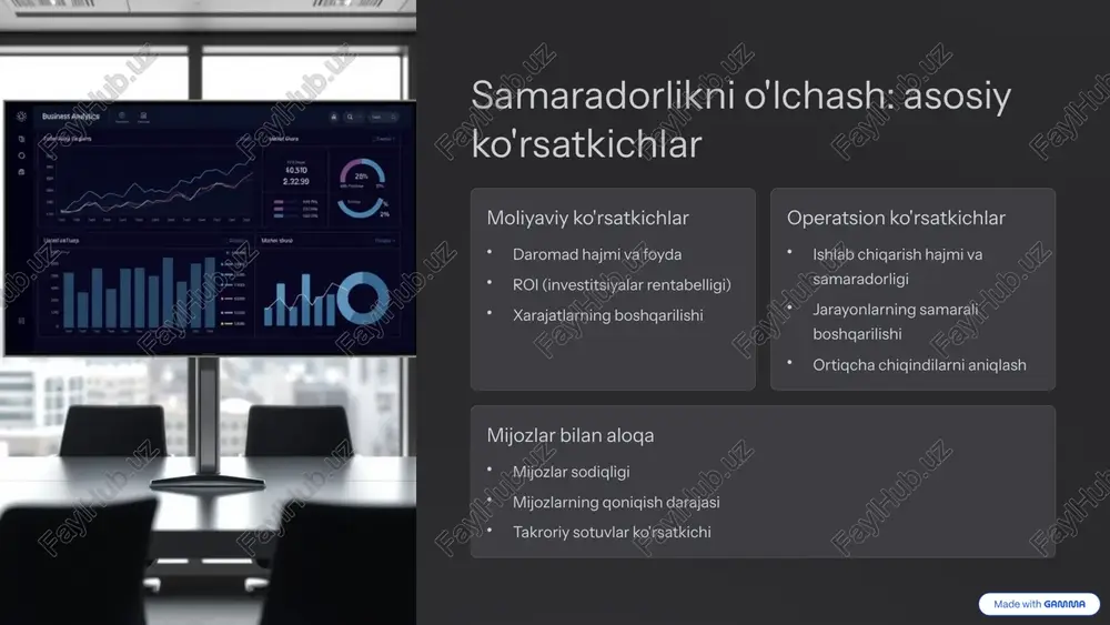 hilanishga intilish zarur. 2 o'zgarishlarga moslashuvchanlik bozor sharoitlariga moslashish va tezkor javob qaytarish muvaffaqiyat kalitidir. 3 keyingi qadamlar texnologiya, inson resurslari va jarayonlarni boshqarishni integratsiyalash orqali mustahkam o'sish. biznes samaradorligi yuqori bo'lgan kompaniyalar uzoq muddatli muvaffaqiyatga erishadilar va o'z bozorlarida yetakchi o'rinlarni egallaydilar. e'tiboringiz uchun rahmat!!! image1.png image2.png image17.png image18.png image19.png image20.png image21.png image22.png image23.png image3.png image4.png image24.png image25.png image26.png image27.png image5.png image6.png image7.png image8.png image28.png image9.png image10.png image11.png image12.png image29.png image30.png image31.png image32.png image13.png image14.png image15.png image16.png image33.png