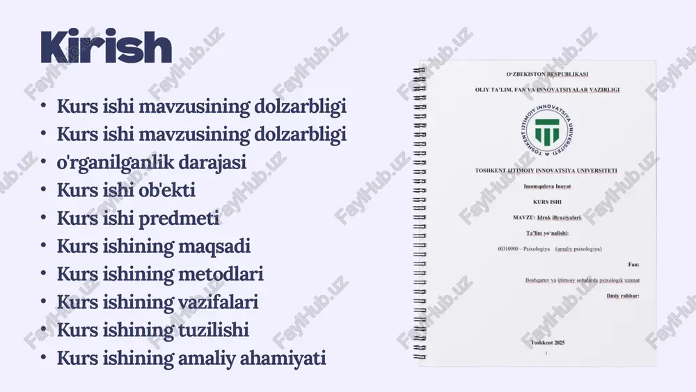 n. • v. s. ramachandran – nevrologik buzilishlarda yuzaga keladigan illyuziyalarni tahlil qilgan. • david eagleman – vaqt va idrok illyuziyalari ustida ishlagan, ongning real vaqtni qanday buzib talqin qilishini ko‘rsatgan. • philip zimbardo – idrok va ijtimoiy ong o‘rtasidagi bog‘liqlikni illyuziyalar orqali tahlil qilgan. • edward b. goldstein – kognitiv psixologiya va vizual idrok sohasida illyuziyalarni o‘rganib, ularni ong faoliyatini tushunishda asosiy vosita sifatida ko‘rsatgan. kurs ishi vazifalari 1. idrok va illyuziya o‘rtasidagi bog‘liqlikni psixologik tahlil qilish • idrokning kognitiv psixologiyadagi ta’rifi, tuzilishi va funksional jarayonlarini tahlil qilish. • illyuziyaning idrok jarayonidagi o‘rni va paydo bo‘lish mexanizmlarini o‘rganish. • illyuziya va boshqa psixik hodisalar (gallyutsinatsiya, perceptual distortions) o‘rtasidagi farqlarni aniqlash. 2. illyuziyalarni asosiy turlarga ajratish va ularning namoyon bo‘lish shakllarini o‘rganish • vizual, eshituv, taktil, kinestetik va boshqa sezgi illyuziyalarining turlarini tizimlashtirish. • har bir turga oid mashhur misollarni (müller-lyer, ebbinghaus, shepard stoli, mcgurk effekti va boshqalar) tahlil qilish. …