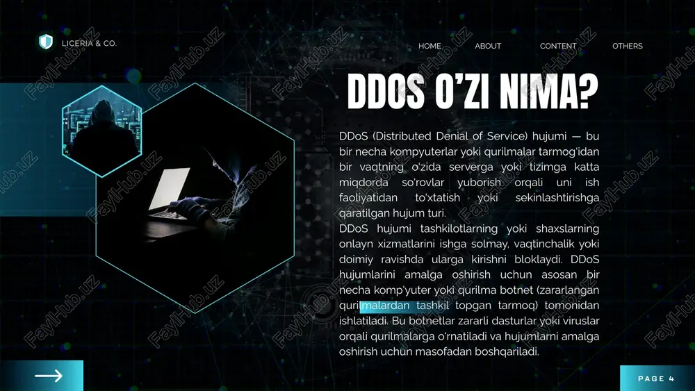 da icmp ping so‘rovlarini yuborish orqali tarmoqni band qilish. protocol attack (protokol darajasidagi hujumlar) liceria & co. content others home about page 7 application layer attack (ilova darajasidagi hujumlar) — bu ddos hujumlarining eng nozik turidir. bu turdagi hujumlar serverning ilovalar darajasida amalga oshiriladi va oddiy foydalanuvchi harakati kabi ko‘rinishi mumkin. maqsad: foydalanuvchilarni tizimga kirish imkoniyatidan mahrum qilish, tizimni ishga solmaslik. misollar: http flood: web-saytlarga ko‘p so‘rovlar yuborish. slowloris: serverga uzoq vaqt davomida yarim yasalgan so‘rovlar yuborish va tizimni band qilish. application layer attack (ilova darajasidagi hujumlar) liceria & co. content others home about page 8 ddos hujumlariga qarshi umumiy himoya choralari bu tizimlar kiruvchi trafikni tahlil qilib, shubhali yoki zararli trafikni avtomatik bloklaydi. ids (intrusion detection system) – hujumni aniqlaydi. ips (intrusion prevention system) – aniqlangan tahdidni avtomatik yo‘q qiladi yoki bloklaydi. 1. tarmoq xavfsizlik devorlari (firewall) va ids/ips tizimlari maxsus xizmatlar (cloudflare, aws shield, akamai) real vaqt rejimida …