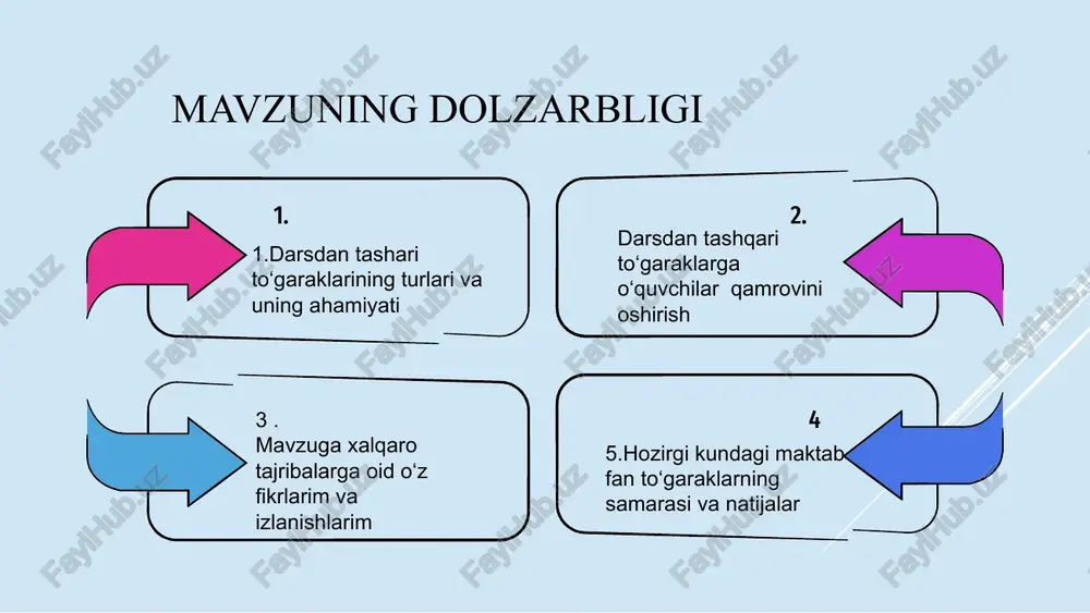 avsiflanadi. to‘garaklar maktabda to‘garak ishlari tizimining bir qismidir. pedagogik lug‘atga ko’ra, to‘garak ishlari bolalar uchun qo‘shimcha ta’lim shakllaridan biri bo‘lib, u turli xil to‘garaklar, seksiyalar va to‘garaklarni tashkil etishdan iborat. to‘garak ishi talabalar uchun qiziqishlariga asoslanib ixtiyoriy ravishda tanlangan faoliyatning shaxsiyat uchun muhim, qadriyatlarga asoslangan, individual tajribasini o‘zlashtirish sohasiga aylandi. to‘rahbari to‘garak mashg‘ulotida samaradorlikka erishish uchun to‘garak mashg‘uloti ishlanmasiga alohida e’tibor qaratishi, uni zamonaviy pedagogik texnologiyalar asosida tuzishi lozim. bunda to‘garak rahbari oldiga qo‘ygan har bir maqsadga xolisona, bolalar tushinishi uchun uning soddaligiga alohida e’tibor berishi kerak. to‘garak rahbarlari to‘garak mashg‘ulotlari ishlanmasini quyidagi tartibda tuzishlari mumkin. to‘garak bu- ma’lum bir bilim sohasiga qiziqishni kuchaytiradigan va amaliy faoliyat bilan shug‘ullanmoqchi bo‘lgan talabalarning ixtiyoriy birlashmasi. doiralardagi mashg‘lotlar dasturning mavjudligi, muntazamligi, vaqt davomiyligi va ishning o‘ziga xos profili bilan tavsiflanadi. to‘garaklar maktabda to‘garak ishlari tizimining bir qismidir. pedagogik lug‘atga ko‘ra, to‘garak ishlari bolalar uchun qo‘shimcha ta’lim shakllaridan biri bo‘lib, u turli xil to‘garaklar, …