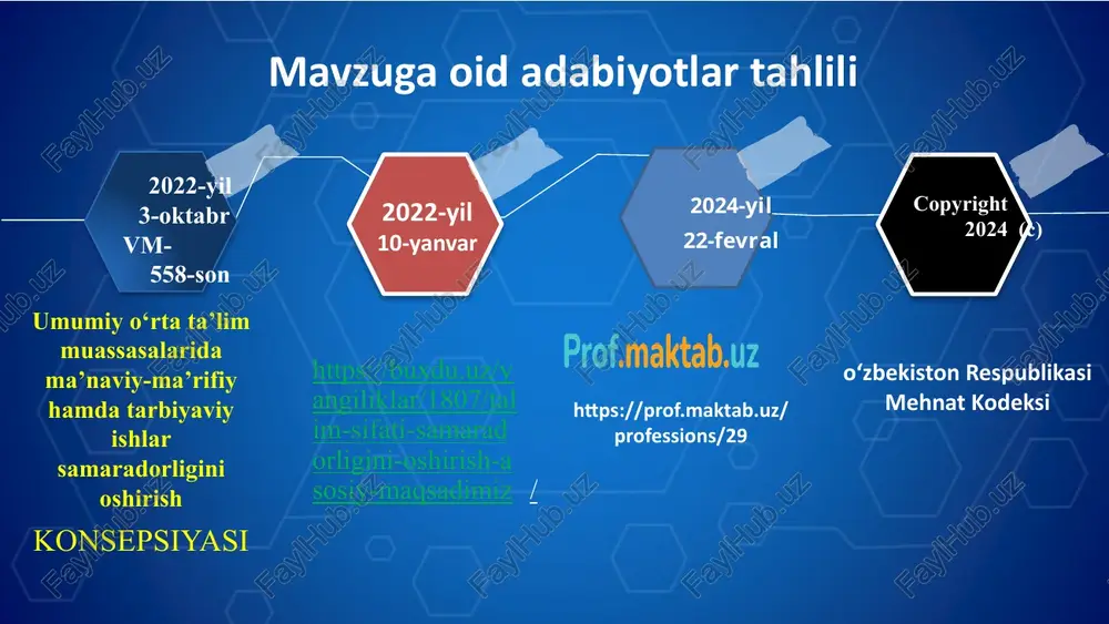 nglar tizimini joriy qilish 2 o‘qituvchilar uchun bir yilda bir marta kasbiy malakasini oshirish kurslari faqatgina mutaxasislik fanlaridan joriy etilgan xolos koreyada o‘qituvchilar uchun turli xil o‘quv dasturlar mavjud bulibular kasbiy ko‘nikmalar oshirish yangi texnologiyalarni o‘rganish yo‘lga qo‘yilgan. xar bir fan o‘qituvchisiga kasbiy malaka oshirish kursi bilan birgalikda vatanparvarlik, milliyligimiz xamda qadryatlarimizni aks ettiruvchi kurslarini joriy qilish 3 maktablarda tashkil etiladigan ochiq darslarga xoxlovchilar va darsi yo‘q pedagoglar kiradi. koreyada ochiq darslarni malakasi eng yuqori bilim, malakaga ega bo‘lgan pedagoglar tomonidan tashkil etiladi. bu darslar taxliliga esa jamoadagi eng yosh va tajribasiz xodimlar jalb etilib, ushbu o‘tilgan ochiq dars-treningdan so‘ng yoshlardan trening darsdan olgan metodlari va xulosalari to‘g‘isida fikrlari tinglanadi, zaruriy tajribalarni amalda qo‘llashlari uchun ko‘rsatma va tavsiyalar beriladi. xisobotlari keyingi yig'ilishlarda tahlil etiladi. maktablardagi bilim va tajribasi yuqori bo‘lgan pedagog xodimlar darslariga har doim yoki muntazam yosh, tajribasiz xodimlarni jalb qilish hamda ulardan olgan metod va uslublarini o‘zinig darsida …