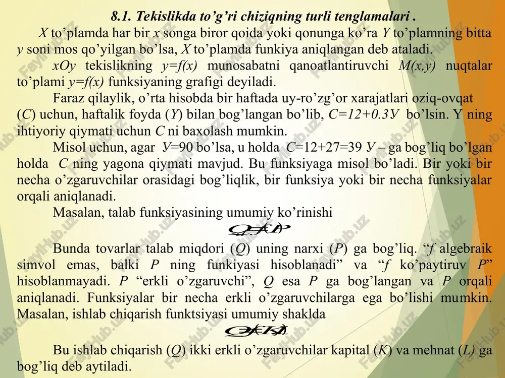 ing berilgan qiymatlari uchun q ning aniq qiymatini topishingiz mumkin, masalan, a gar p = £ 29.50 bo’lsa q = 600 - 5 (29,50) = 452,5. tenglama to’g’ri chiziqning umumiy tenglamasi deyiladi. 1) agar bo’lsa, - to’g’ri chiziq koordinata boshidan o’tadi. 2) agar bo’lsa, - to’g’ri chiziq o’qqa parallel bo’ladi. 3) agar bo’lsa, - to’g’ri chiziq o’qqa parallel bo’ladi. 4) agar va bo’lsa - to’g’ri chiziq o’q bilan ustma - ust tushadi. 5) agar , va bo’lsa, to’g’ri chiziq o’q bilan ustma - ust tushadi. - to’g’ri chiziqning kesmalarga nisbatan tenglamasini. - to’g’ri chiziqning burchak koeffitsientli tenglamasi. - va nuqtalardan o’tuvchi to’g’ri chiziq tenglamasi. 0    c by ax 0  s 0   by ax 0  b st con a c x    oy 0  a st con b c y    ox 0  b 0  s 0 …