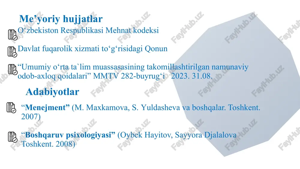 ab jamoasini organish har bir xodim xarakterini o`rganish, psixologik portreti va xarakterini aniqlash, maslou piramidasi direktor va psixolog sentabr-oktabr har bir xodim haqida ma`lumotga ega bo`linadi, kimga qanday ta’sir o`tkazish mumkinligi haqida ma`lumot to`planadi.. 2 maktabda norasmiy liderlar va turli guruhlar mavjudligi samarali muloqot, jamoani o`rganish direktor va psixolog doimiy tarzda guruhbozlik va turli nizolar oldi olinadi 3 ta`lim jarayonida islohotlarga xalaqit qiluvchi xodimlar borligi norasmiy liderlar bilan ishlashish orqali maqsadga erishish direktor doimiy tarzda samarali boshqaruv yo`lga qo`yiladi 4 norasmiy liderlar umumiy jarayonga to`sqinlik qiladi norasmiy liderlarni bayram tadbiri tashkillashtirish uchun mas’ul qilib biriktirish direktor va mmibdo` har chorakda bayram tadbiri sifatli tashkil etiladi, liderlar o’zlarini jamoga rahbarlik qilayotganini his qiladi. chora-tadbirlar rejasi e‘tiboringiz uchun rahmat image1.png image2.svg image2.png image3.png image4.png image5.png image7.svg image6.png image7.png image8.jpeg image9.jpeg image10.png image11.png image12.png image15.svg image13.png image14.png image18.svg image15.png image20.svg /docprops/thumbnail.jpeg