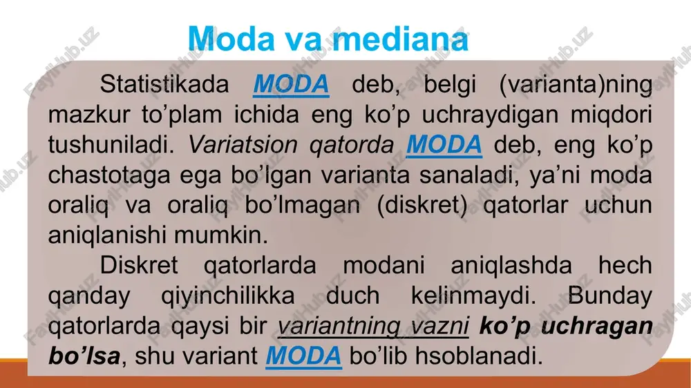 eng ikkiga bo’luvchi ko’rsatkich, yaʼni mediana 7,5 gektarga teng: (7 + 8): 2 = 7,5 ga. oraliq qatorlarda mediyanani hisoblash mediana ishorasini aniqlashda oraliq chegarasidagi belgining ishorasi teng taqsimlanadi. variatsion oraliqli qator bo’yicha medianani topish formulasi: bu erda: - mediana; - mediana oralig’ining quyi chegarasi; d - mediana oralig’ining miqdori; - variantlar soni yig’indisi (qatorning soni); – mediana oralig’idan oldingi oraliqlar; - vaznlar yig’indisi. jon boshiga to’g’ri kelgan yalpi daromad bo’yicha aholi guruhlari aholining o’rtacha soni jamlanib borish tartibidagi vaznlar yig’indisi ming kishi jamiga nisbatan foiz his.da 5 mln. so’mgacha 8,3 2,9 8,3 5 mln – 7,5 mln 27,7 9,7 8,3+27,7=36 7,5 mln – 10 mln 44,7 15,7 36+44,7=80,7 10 mln – 12,5 mln 50,2 17,6 80,7+50,2=130,9 12,5 mln – 15 mln 44,9 15,7 130,9+44,9=175,8 15 mln – 17,5 mln 35,0 12,2 175,8+35=210,8 17,5 mln – 20 mln 25,7 9,0 210,8+25,7=236,5 20 mln – 22,5 mln 28,8 10,1 236,5+28,8=265,3 22,5 …