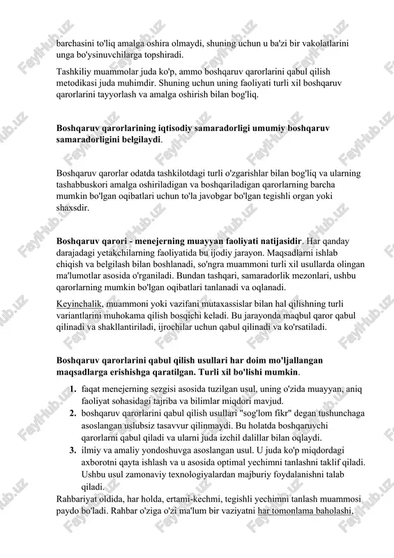 mumkin bo'lgan oqibatlari uchun to'la javobgar bo'lgan tegishli organ yoki shaxsdir. boshqaruv qarori - menejerning muayyan faoliyati natijasidir. har qanday darajadagi yetakchilarning faoliyatida bu ijodiy jarayon. maqsadlarni ishlab chiqish va belgilash bilan boshlanadi, so'ngra muammoni turli xil usullarda olingan ma'lumotlar asosida o'rganiladi. bundan tashqari, samaradorlik mezonlari, ushbu qarorlarning mumkin bo'lgan oqibatlari tanlanadi va oqlanadi. keyinchalik, muammoni yoki vazifani mutaxassislar bilan hal qilishning turli variantlarini muhokama qilish bosqichi keladi. bu jarayonda maqbul qaror qabul qilinadi va shakllantiriladi, ijrochilar uchun qabul qilinadi va ko'rsatiladi. boshqaruv qarorlarini qabul qilish usullari har doim mo'ljallangan maqsadlarga erishishga qaratilgan. turli xil bo'lishi mumkin. 1. faqat menejerning sezgisi asosida tuzilgan usul, uning o'zida muayyan, aniq faoliyat sohasidagi tajriba va bilimlar miqdori mavjud. 2. boshqaruv qarorlarini qabul qilish usullari "sog'lom fikr" degan tushunchaga asoslangan uslubsiz tasavvur qilinmaydi. bu holatda boshqaruvchi qarorlarni qabul qiladi va ularni juda izchil dalillar bilan oqlaydi. 3. ilmiy va amaliy yondoshuvga asoslangan usul. u …