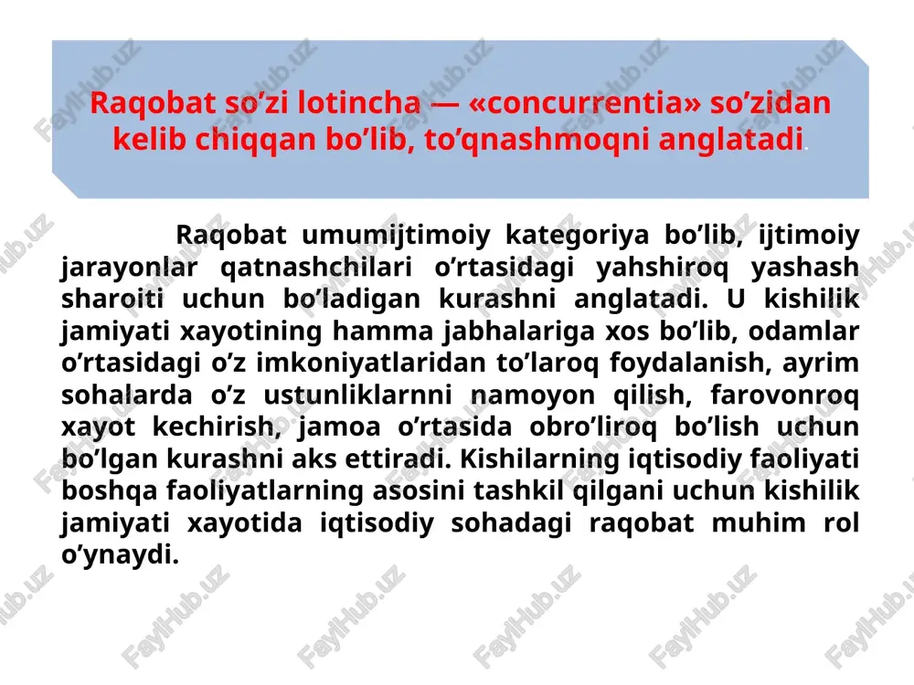 shna-ogaynigarchiliklarni, tanish-bilishlikni, ma`muriy –buyruqbozlikni tan olmaydi narx vosidasida raqobatlashuvida kurashning asosiy usuli bo`lib ishlab chiqaruvchilarning o`z tovarlari narxini boshqa ishlab chiqaruvchilarning shunday mahsulotlarni narxiga nisbatan pasaytirishi hisoblanadi narxsiz raqobat raqobat kurashining asosiy omili tovarlarining narxi emas, balki uning sifati, servis xizmat korsatish, ishlab chiqaruvchi firmaning obro’-e`tibori hisoblanadi narxsiz raqobat usullari ichida marketing muhim ahamiyatga ega bo`lib u mahsulot ishlab chiqarish va sotish jarayonidagi talabga moslashtiruvchi tadbirlar tizimidan iborat. bozor iqtisodiyoti sharoyitida talabni yaxshi o`rgangan va istemolchilar ehtiyojlarni to`laroq qondira oladigan korxonalar har doim raqobat kurashida yutib chiqadi raqobatning shakllari mukammal raqobat sharoyitida ishlab chiqaruvchi (yoki sotuvchi) hamda iste`molchi (yoki xaridor) larning soni juda kop bolib, ularning ishlab chiqarish hajmini o`zgartirish o`rqali narx shakillanishiga ta`siri umuman sezilmaydi. nomukammal raqobat sharoyitida ishlab chiqaruvchilar (sotuvchilar) yoki iste`molchilar (xaridorlar) dan birining soni cheklangan bo`lishi ularning bozordagi narxning shakllanishiga sun`iy ta`sir ko`rsatish imkonini beradi. raqobat shakllari sof monopoliya monopolistik raqobat oligopoliya sof raqobat 100 so’m …